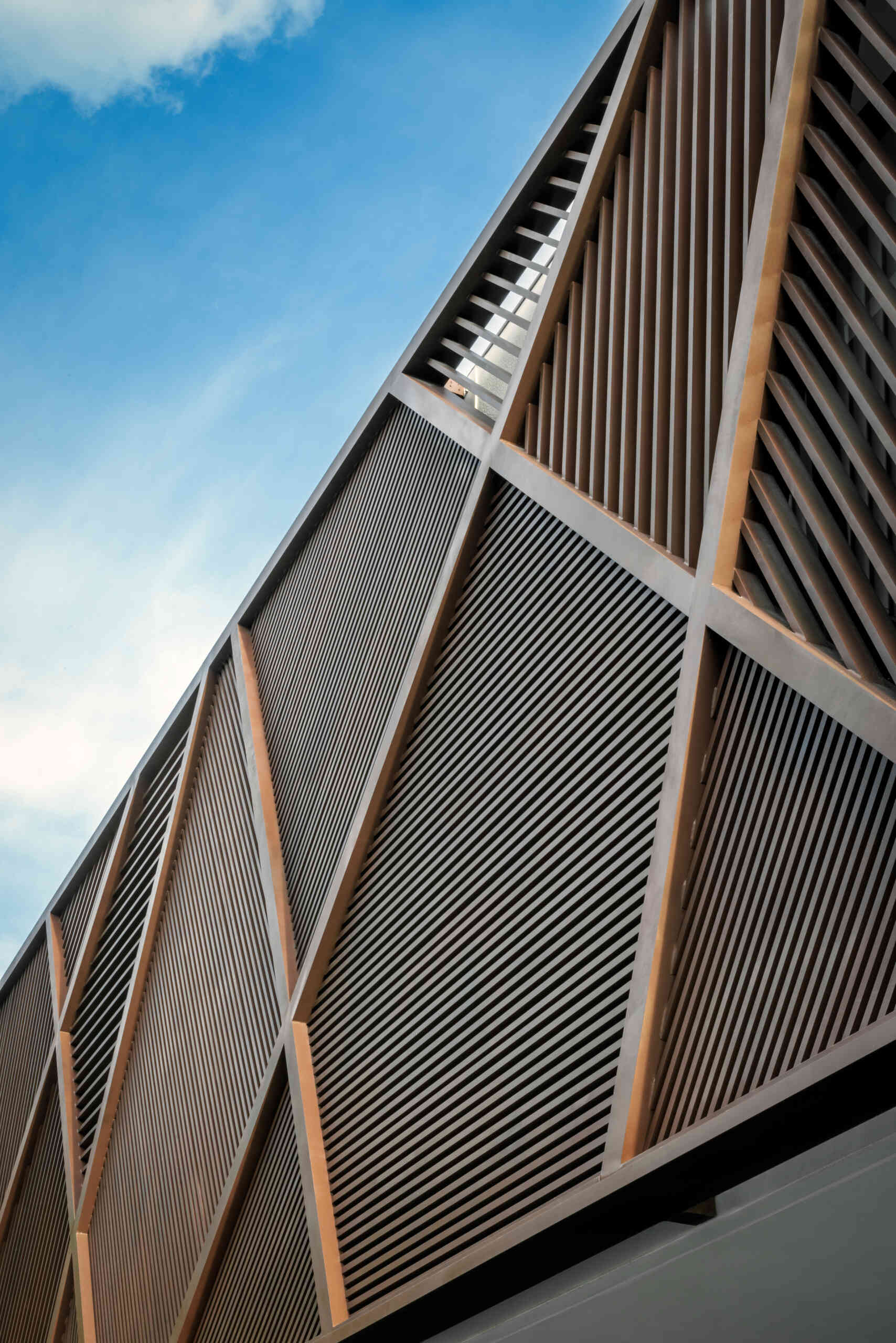 Wood panels and louvers wrap the upper level, providing sun control while introducing natural texture to the exterior.