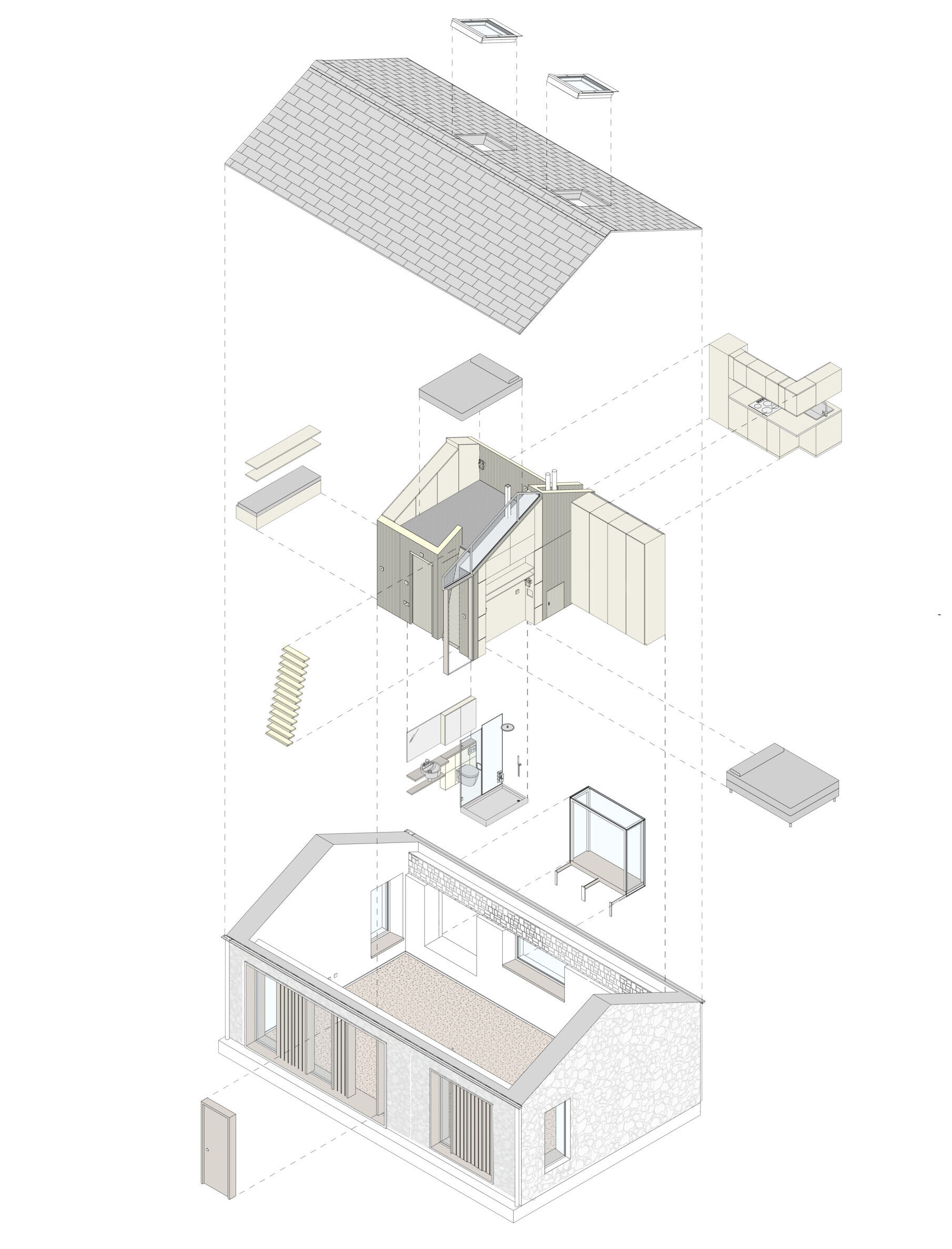 Los dibujos arquitectónicos revelan una relación clara entre la estructura histórica y las nuevas inserciones de madera contrachapada.
