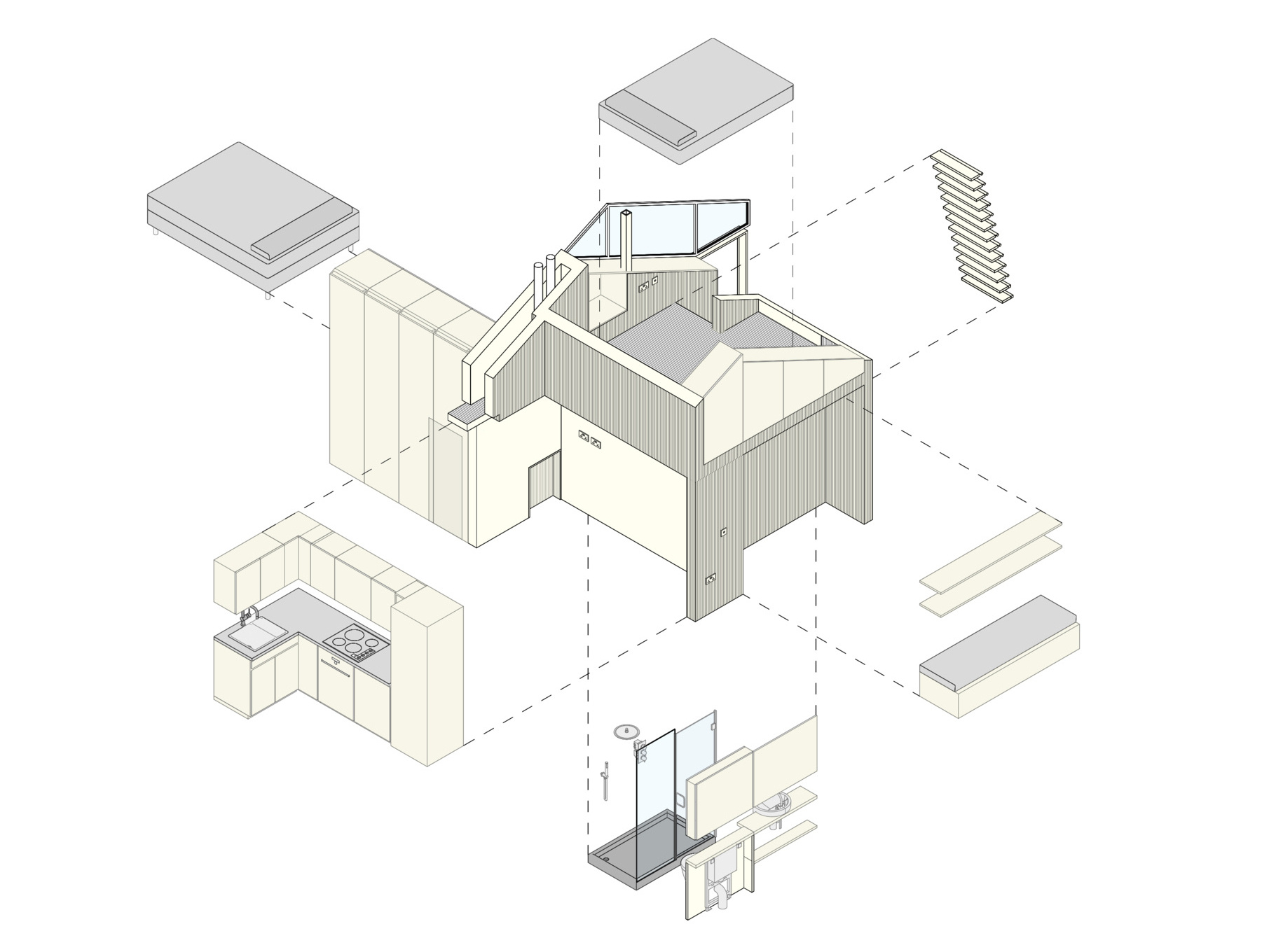 Los dibujos arquitectónicos revelan una relación clara entre la estructura histórica y las nuevas inserciones de madera contrachapada.