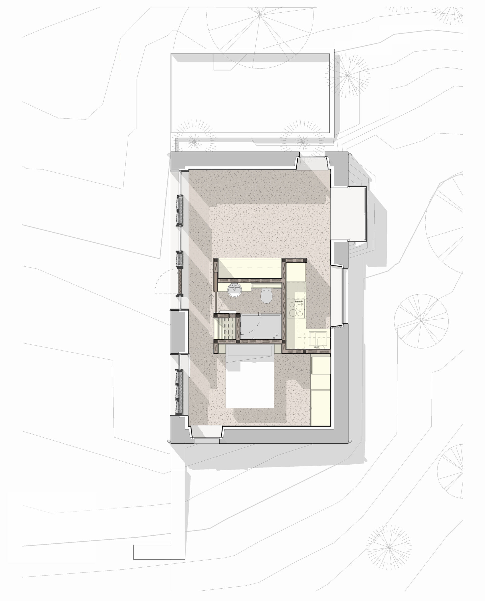 Los dibujos arquitectónicos revelan una relación clara entre la estructura histórica y las nuevas inserciones de madera contrachapada.