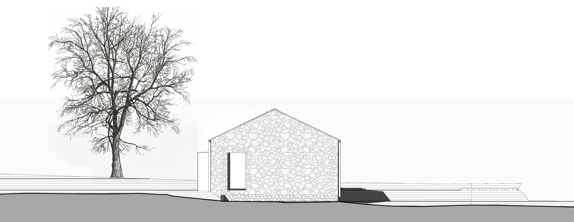 Los dibujos arquitectónicos revelan una relación clara entre la estructura histórica y las nuevas inserciones de madera contrachapada.