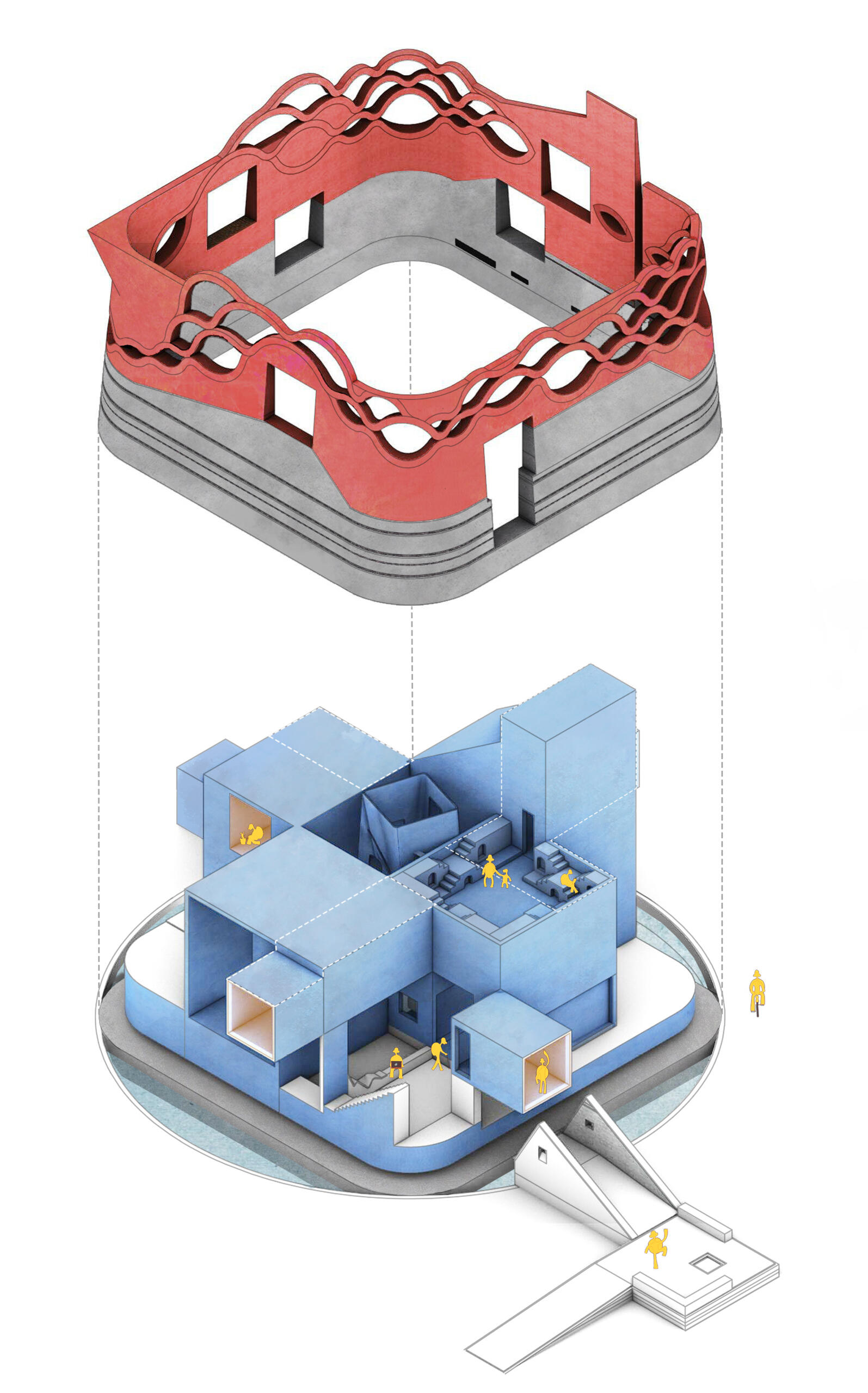 Explore the architectural drawings of Gadi House and see how the cruciform layout, sculptural brick crown, and open to sky corners come together to shape this modern fortress rooted in Maratha heritage.