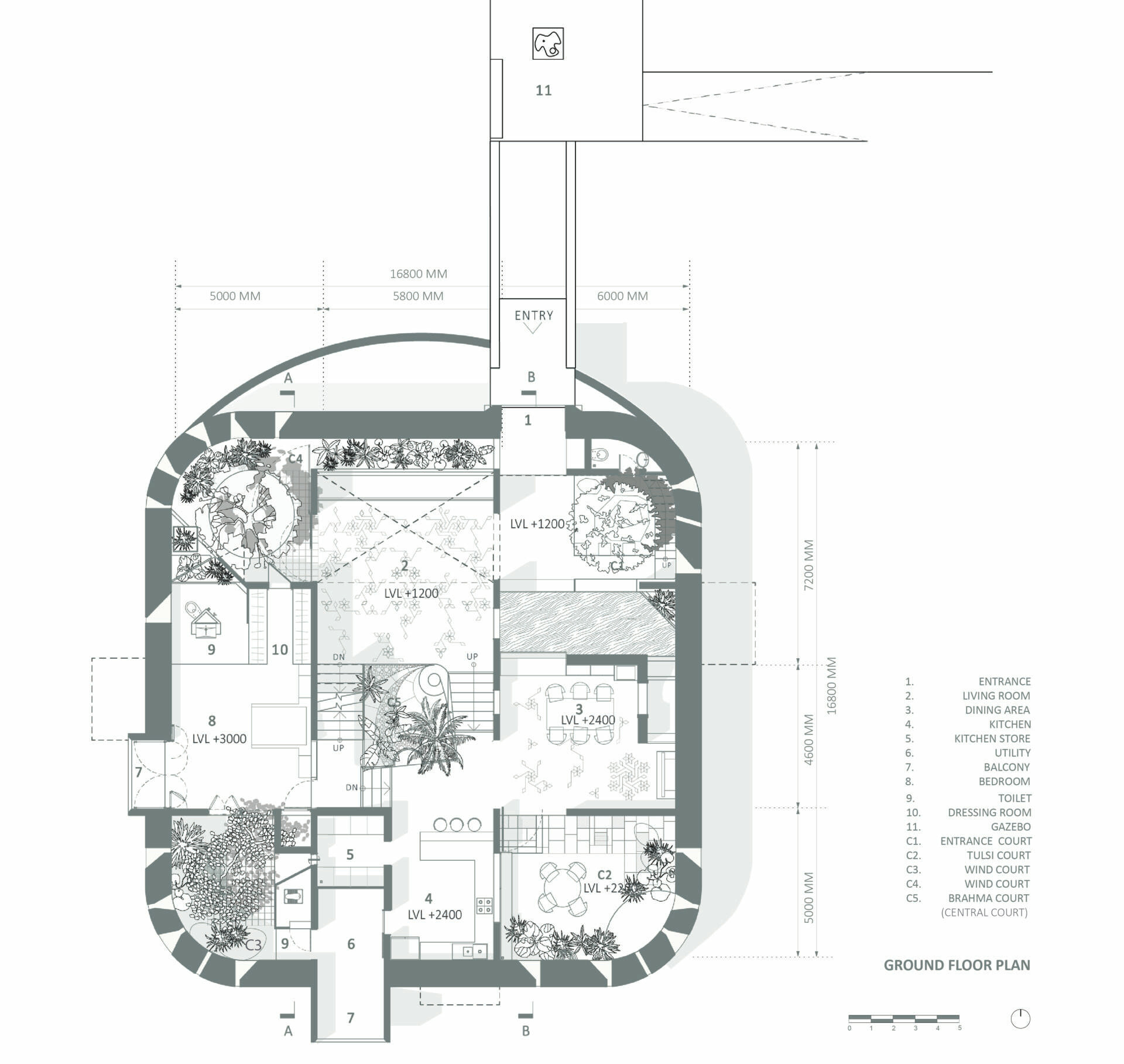 Explore the architectural drawings of Gadi House and see how the cruciform layout, sculptural brick crown, and open to sky corners come together to shape this modern fortress rooted in Maratha heritage.
