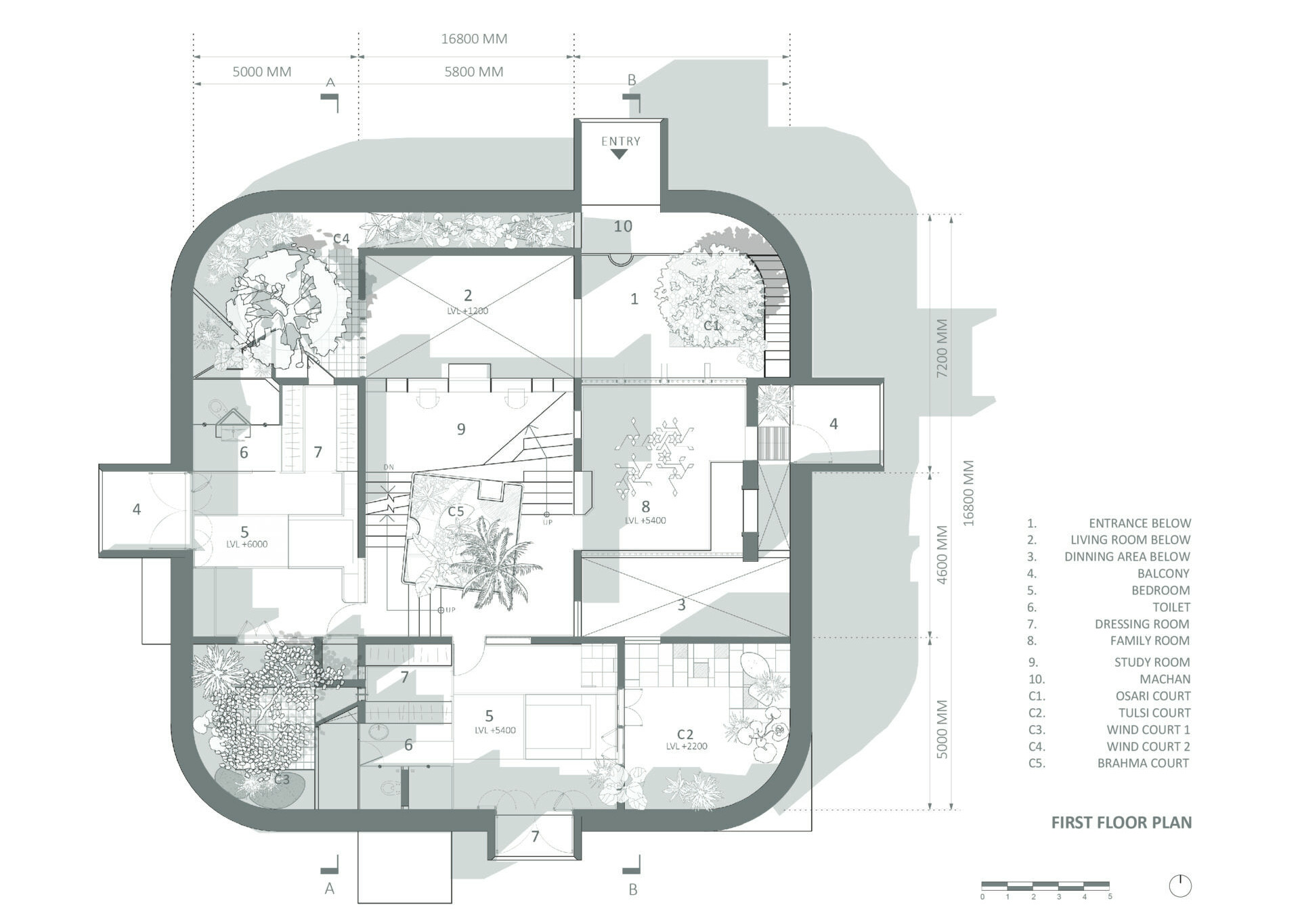 Explore the architectural drawings of Gadi House and see how the cruciform layout, sculptural brick crown, and open to sky corners come together to shape this modern fortress rooted in Maratha heritage.