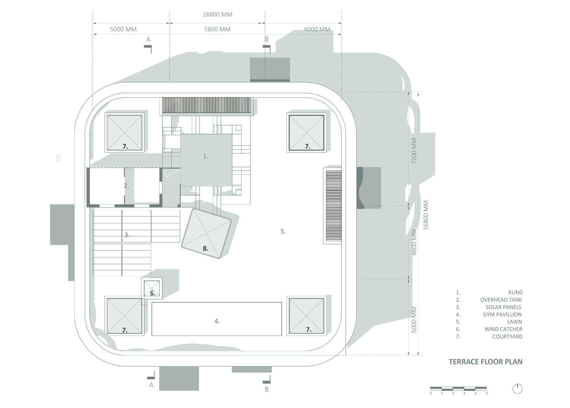 Explore the architectural drawings of Gadi House and see how the cruciform layout, sculptural brick crown, and open to sky corners come together to shape this modern fortress rooted in Maratha heritage.
