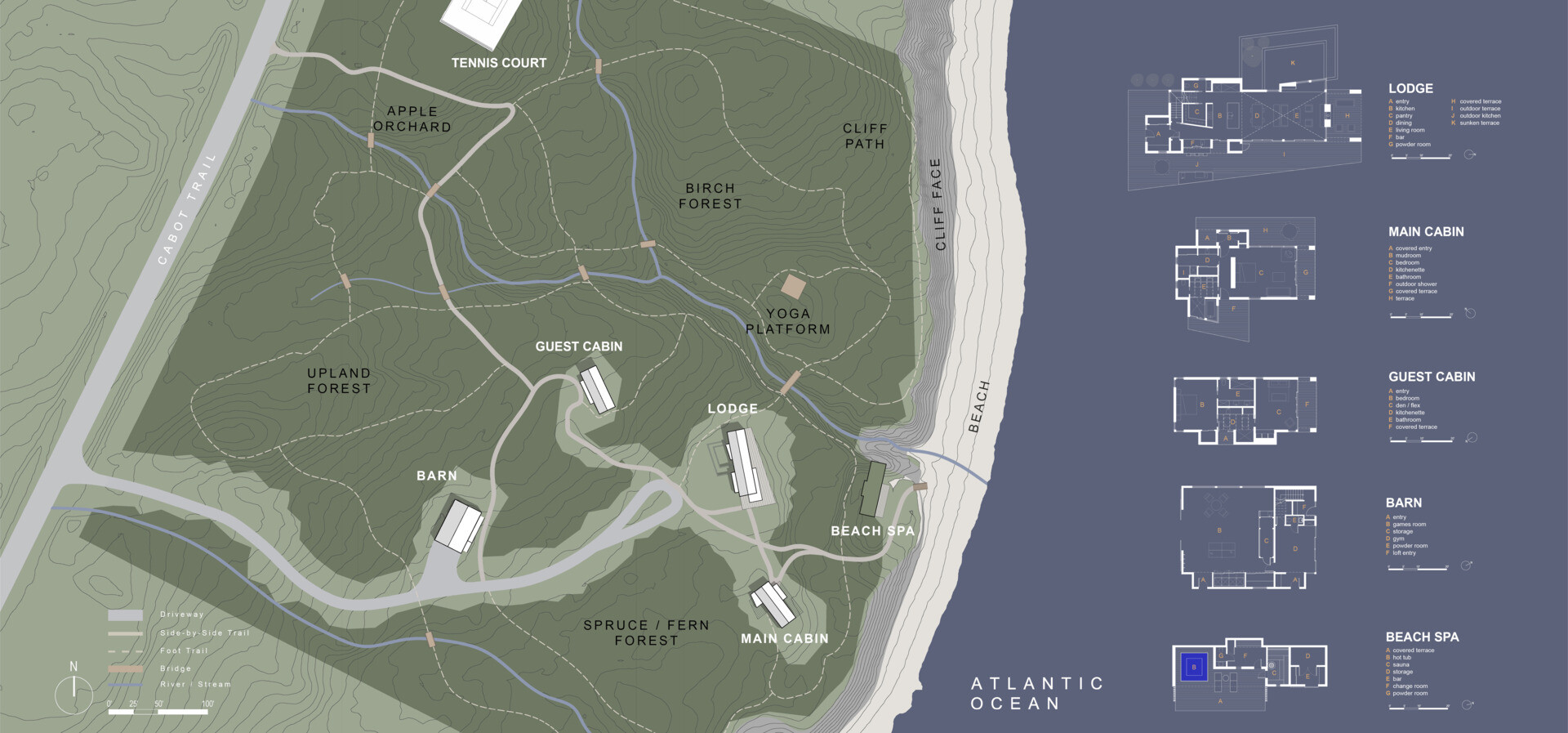 Una colección de cinco cabañas prefabricadas de madera en la costa, diseñadas para la vida al aire libre y la hospitalidad.