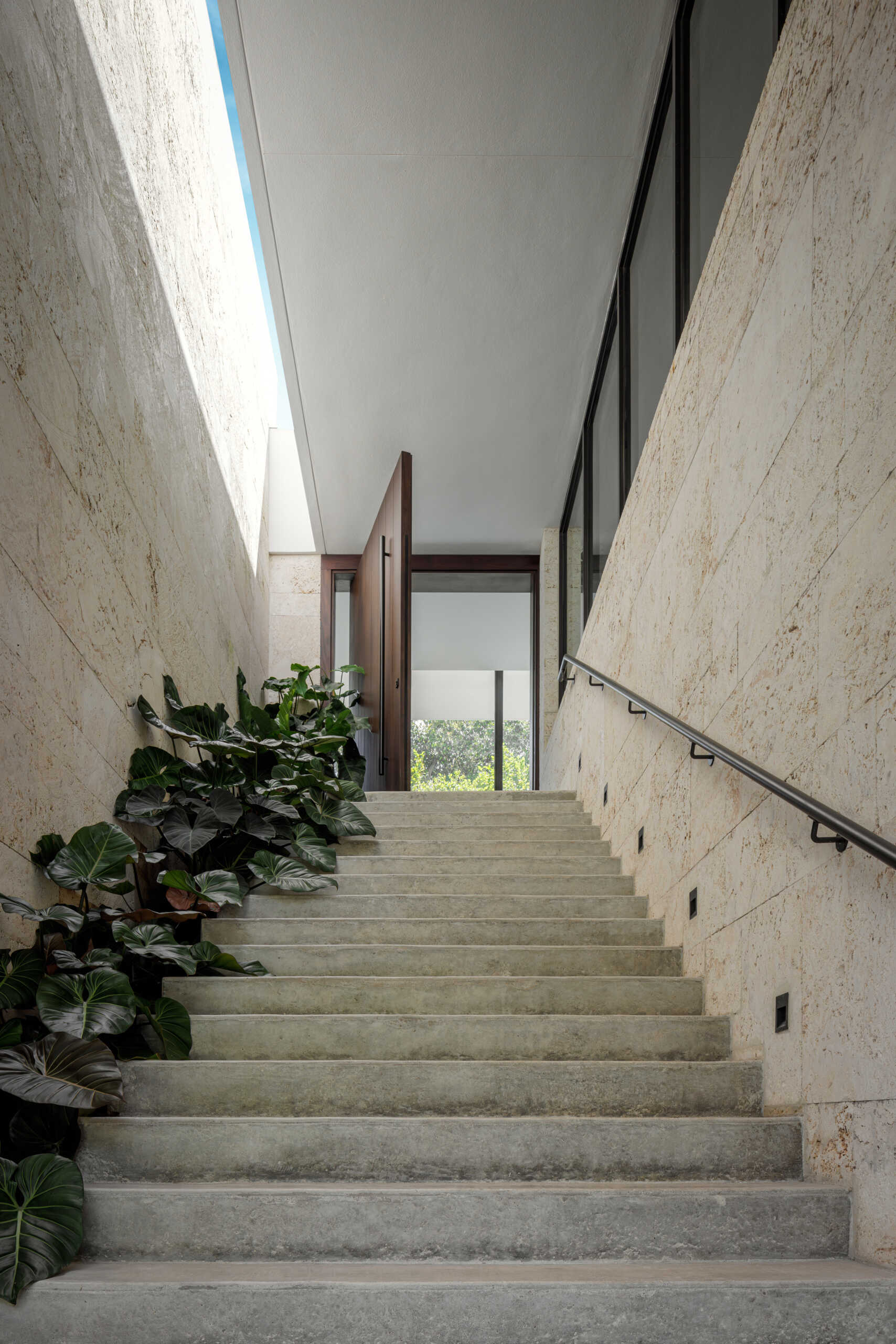 The entry stair feels simple and striking, with pale stone walls and wide concrete steps leading upward. Soft daylight filters through a skylit slot, while tropical greenery along the side adds a natural touch. A slim black handrail and tall wood door complete the minimal, welcoming approach.