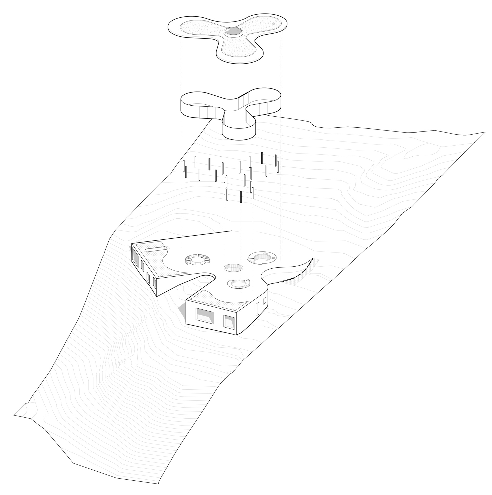 Architectural drawings reveal the vertical separation of public and private spaces and the amoeba-shaped plan.