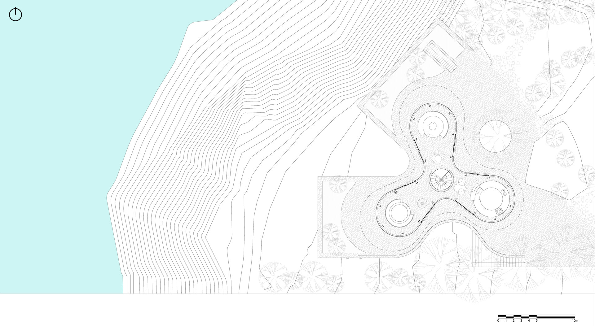 Architectural drawings reveal the vertical separation of public and private spaces and the amoeba-shaped plan.