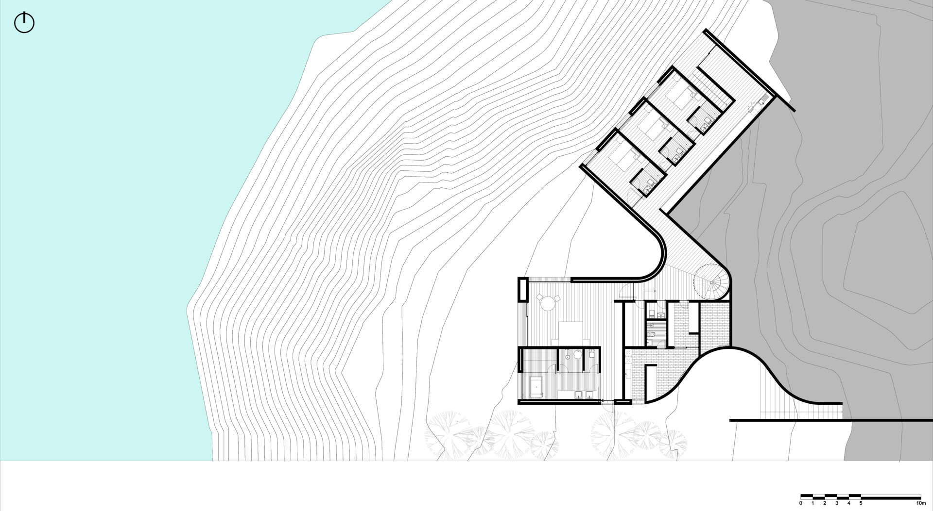 Architectural drawings reveal the vertical separation of public and private spaces and the amoeba-shaped plan.