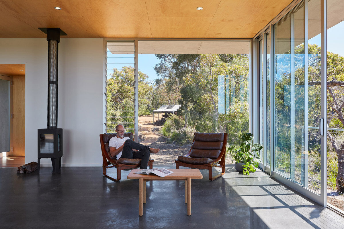 Pine plywood ceilings and sliding glass walls create a treetop platform experience for this elevated home.