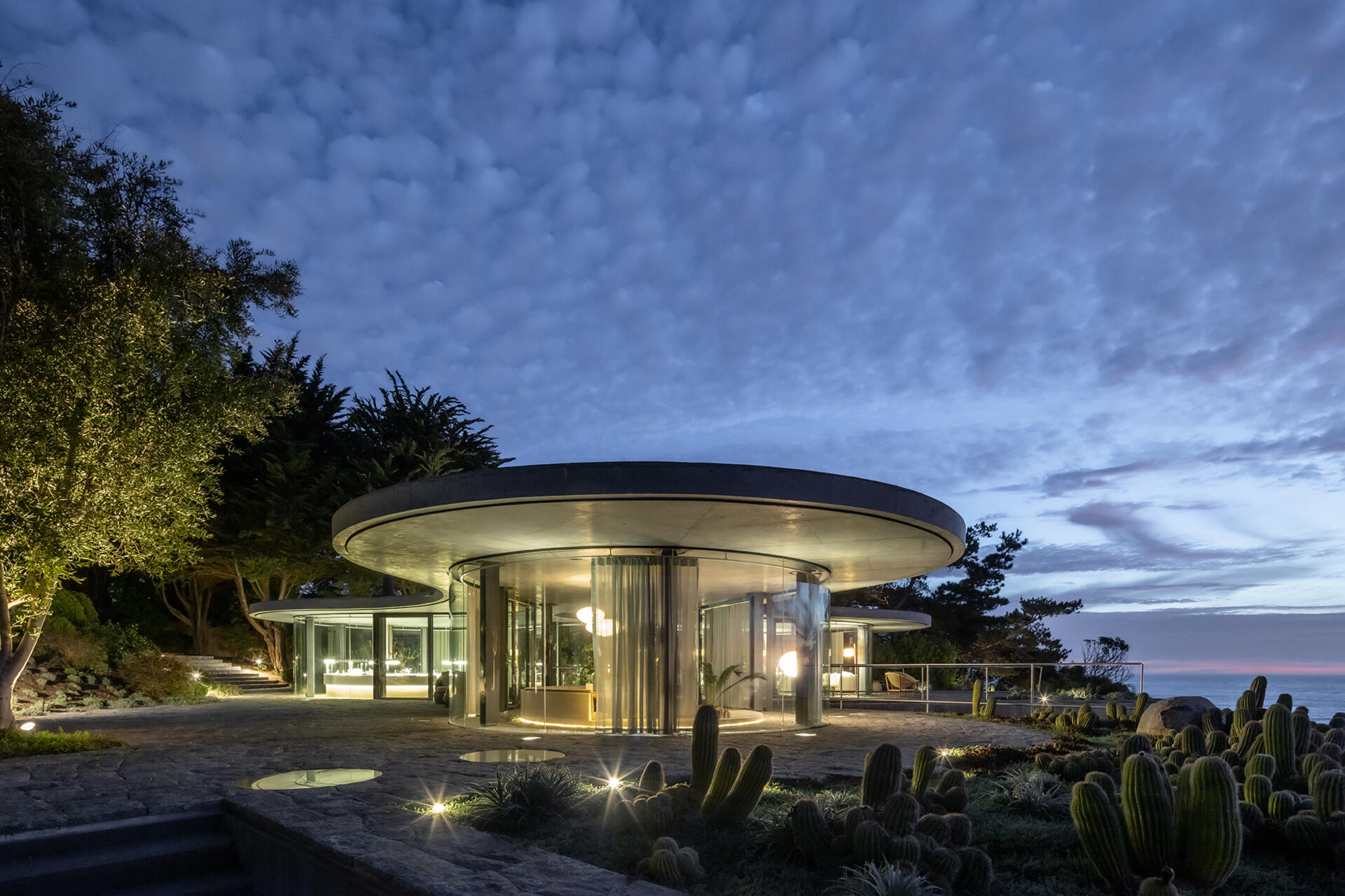 Curved floor-to-ceiling glass wraps the pavilion while native plants slowly reclaim the spaces around the architecture.