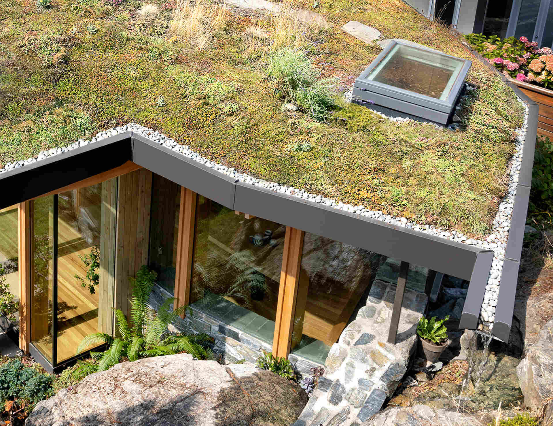 A planted green roof hosts native species gathered by the family and neighbours, blending professional construction with hands on participation.