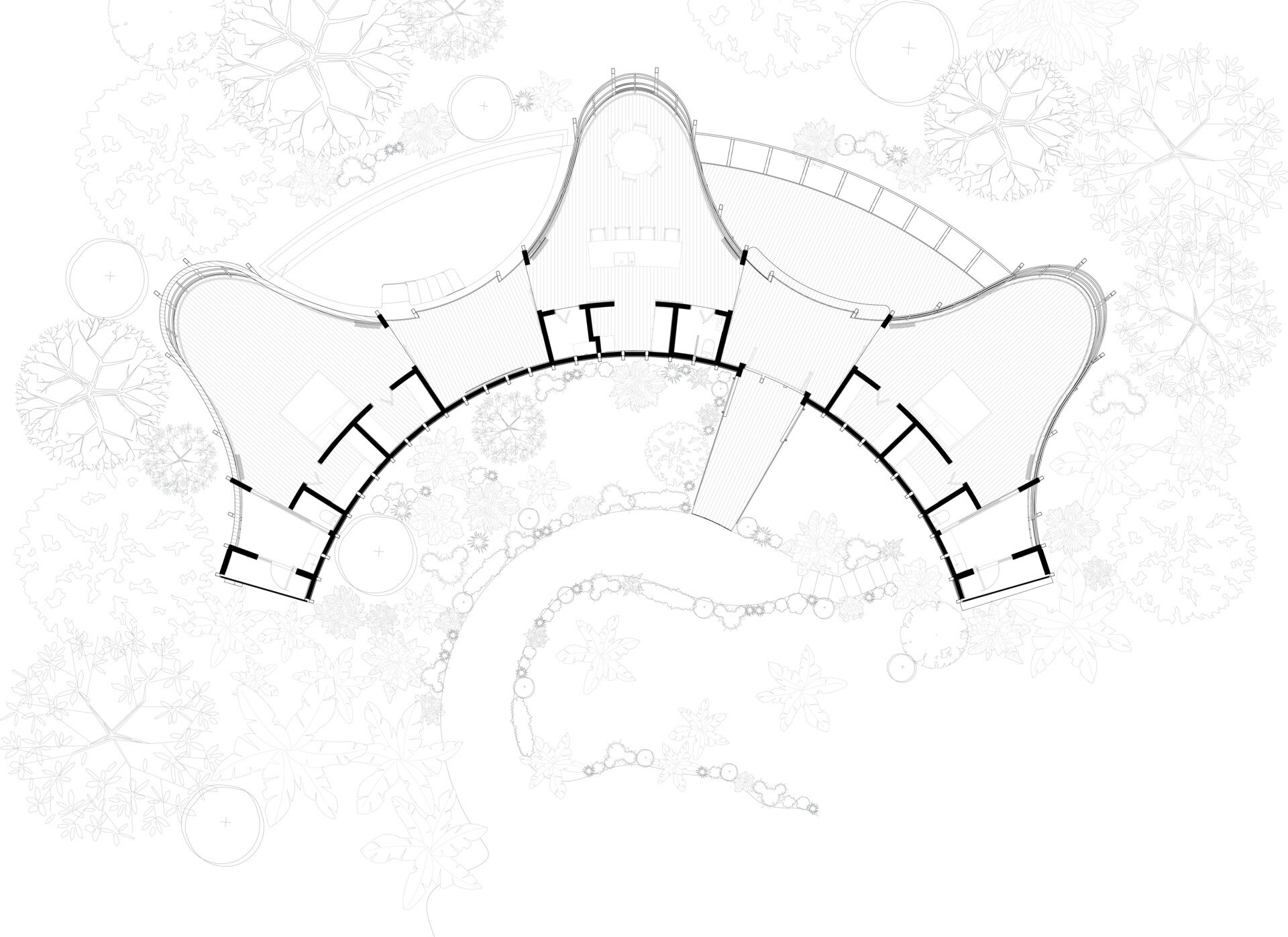 The floor plan shows how each space connects within the unique shape.