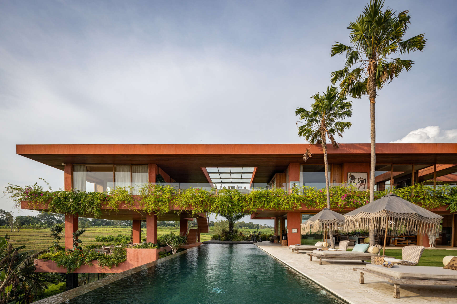 An oversized swimming pool stretches along the front of the house, opening uninterrupted views toward surrounding rice fields.