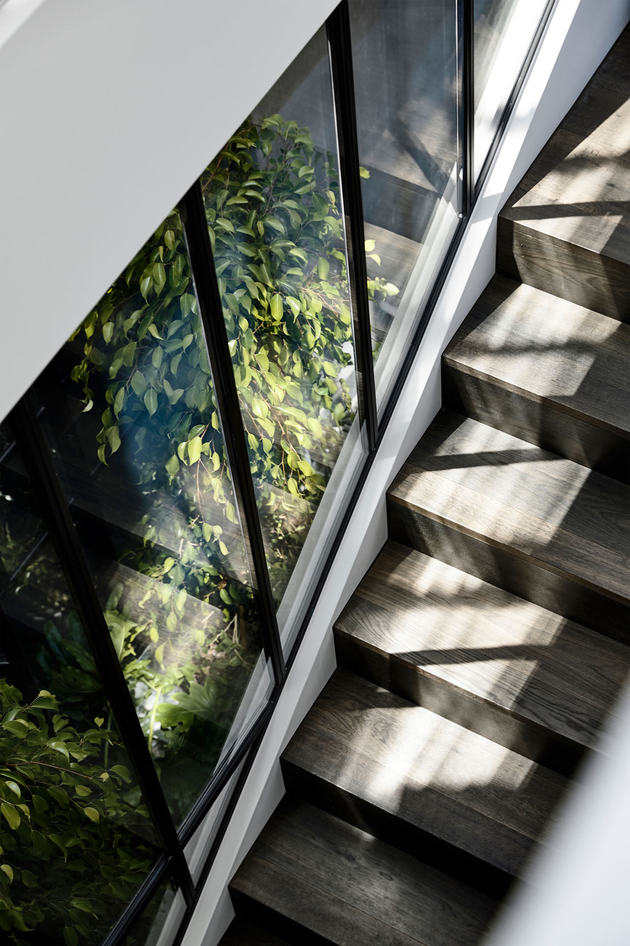 A glass-enclosed, plant-filled atrium brings light, greenery and connection into the very centre of the home.