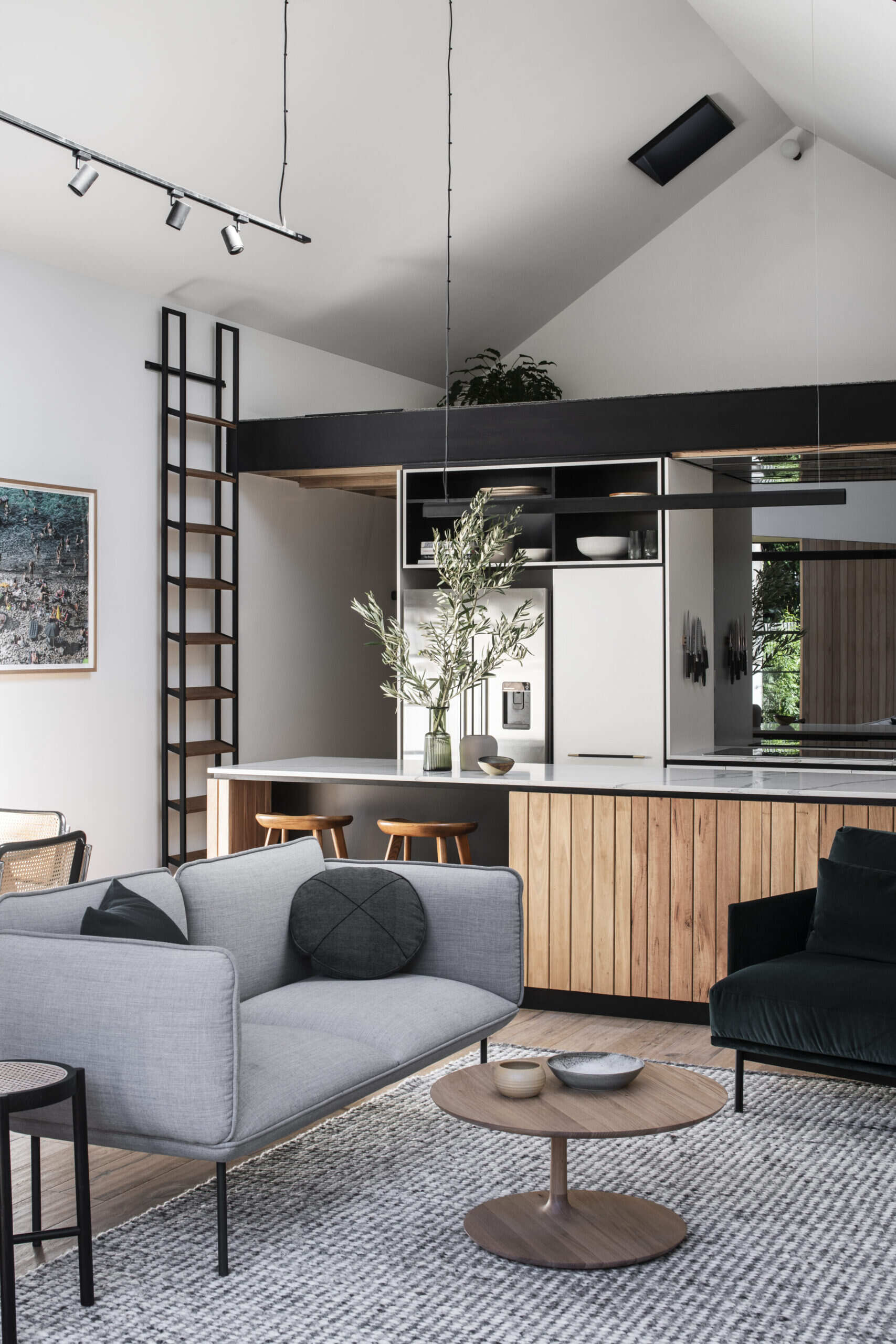 Encima de la cocina, un loft compacto añade flexibilidad sin abrumar el volumen principal. Acceder al loft a través de una escalera suspendida en la pared parece una adición divertida, ya que aprovecha al máximo la altura del techo y mantiene ordenado el plano de la planta.