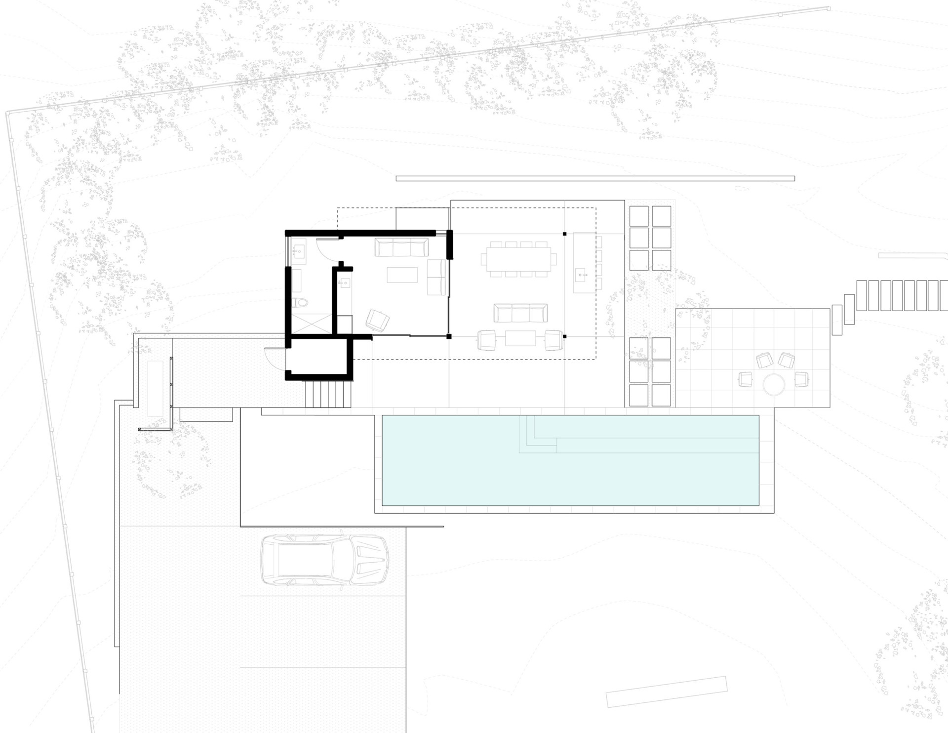 The floor plan reveals how the pool house, terrace, pool, gardens, and guest parking are arranged on the narrow site.