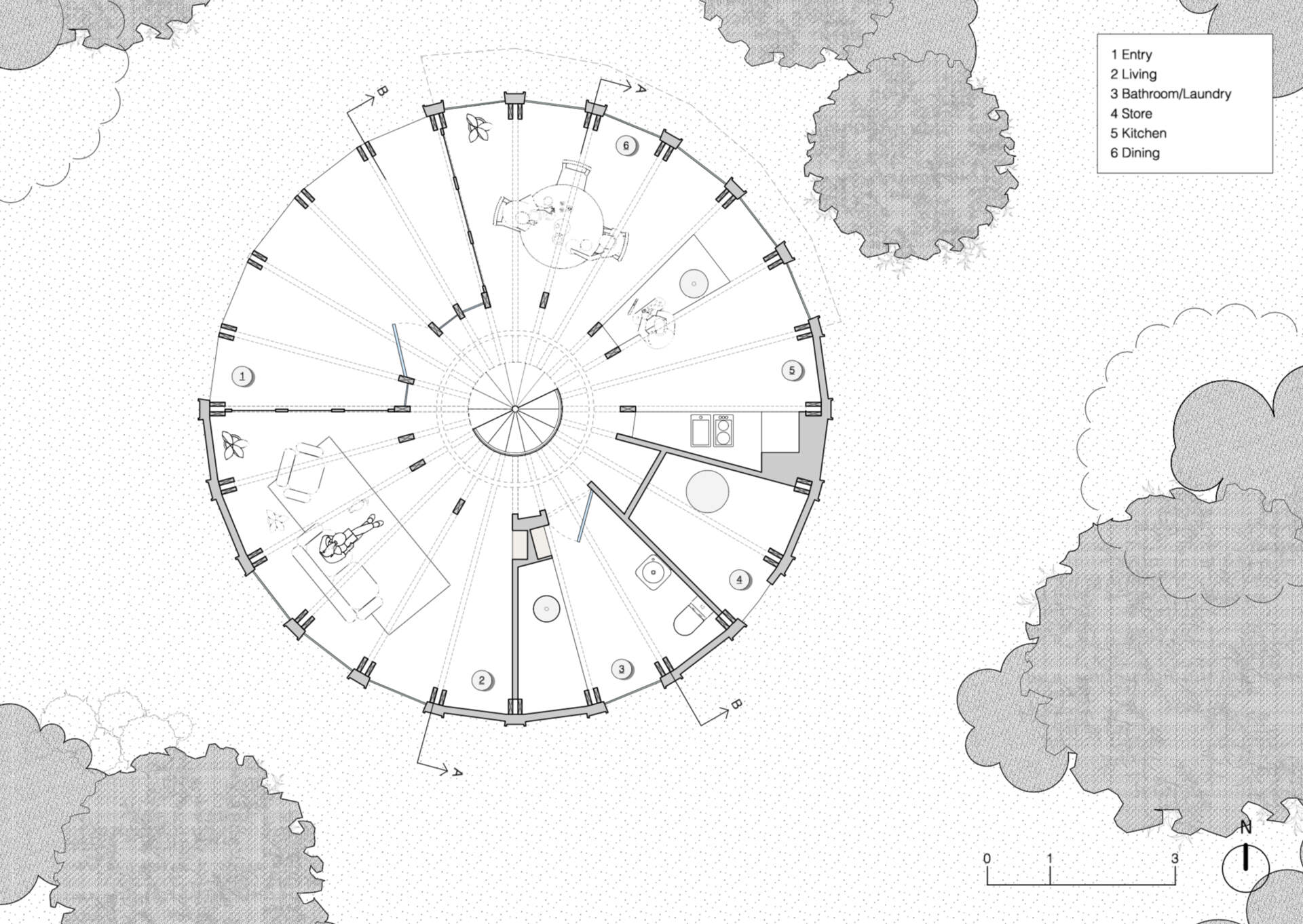 Floor plans of a two storey circular beach house showing compact and efficient living.