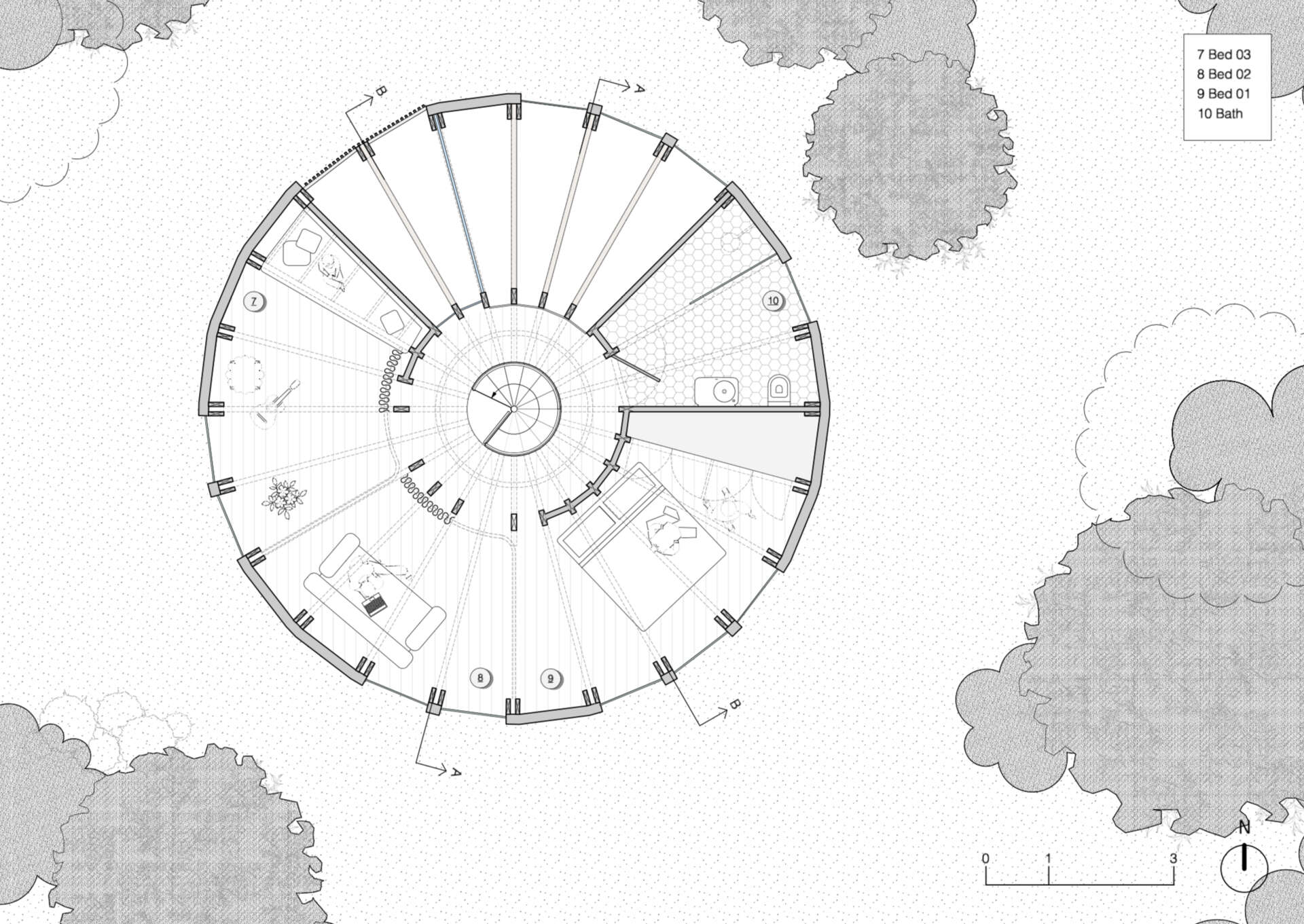 Floor plans of a two storey circular beach house showing compact and efficient living.