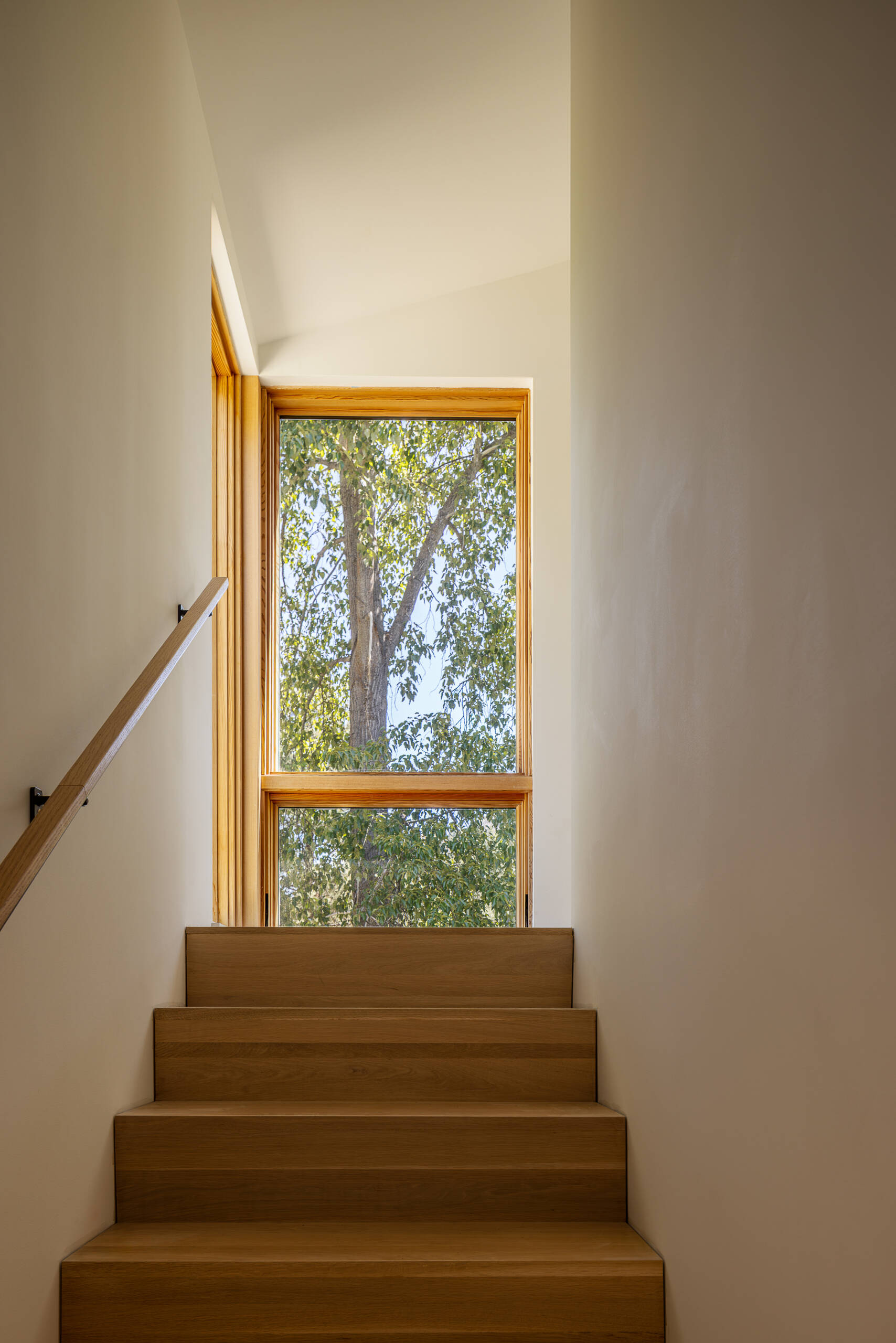 Wood stairs in a small cabin.