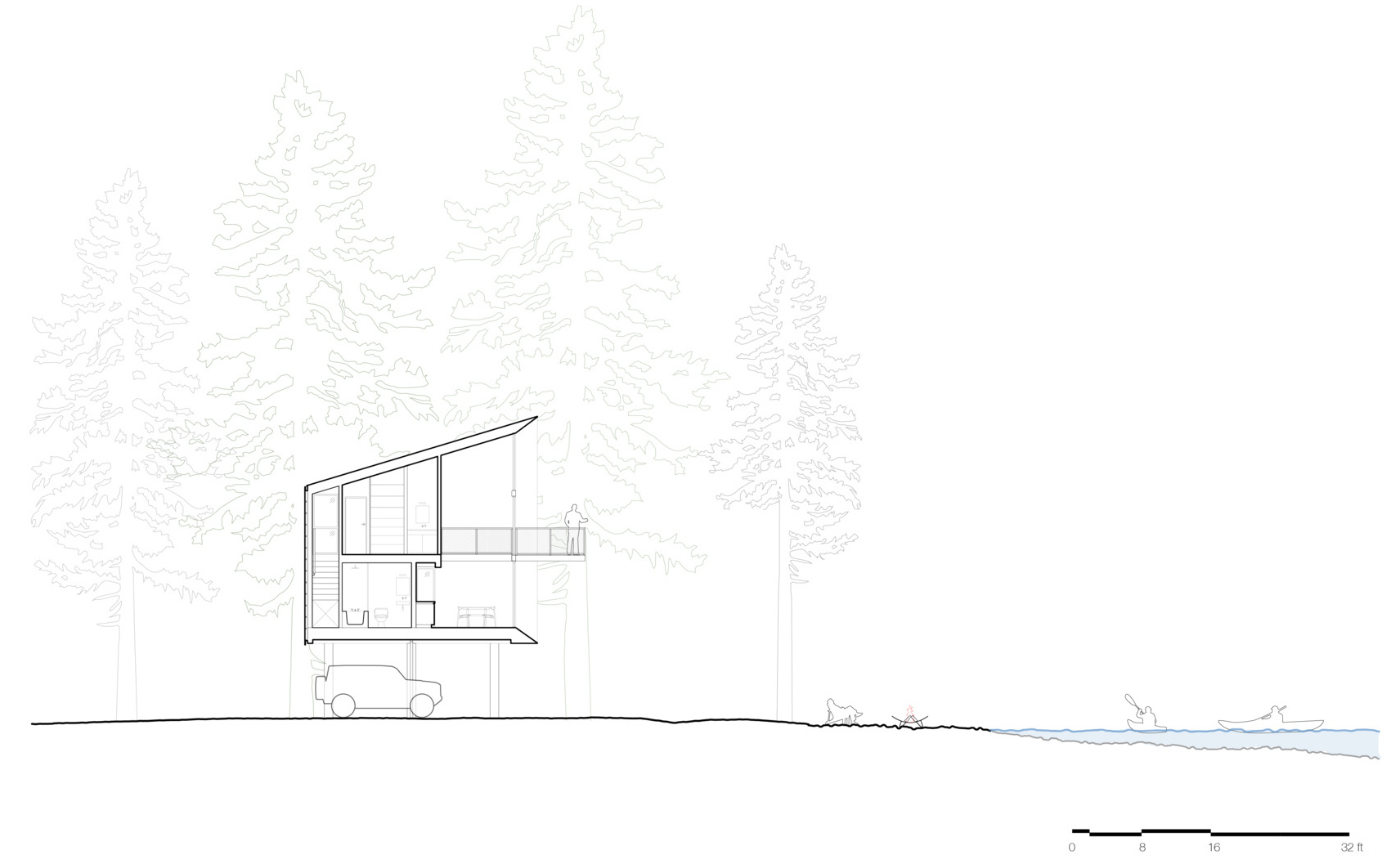 The clarity of the design is reflected in its drawings that reveal an cabin shaped by floodplain conditions, owner participation, and a desire to live lightly within the forest.