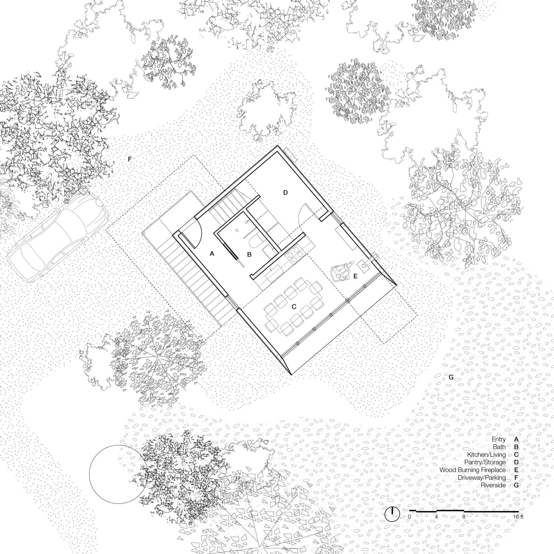 The clarity of the design is reflected in its drawings that reveal an cabin shaped by floodplain conditions, owner participation, and a desire to live lightly within the forest.