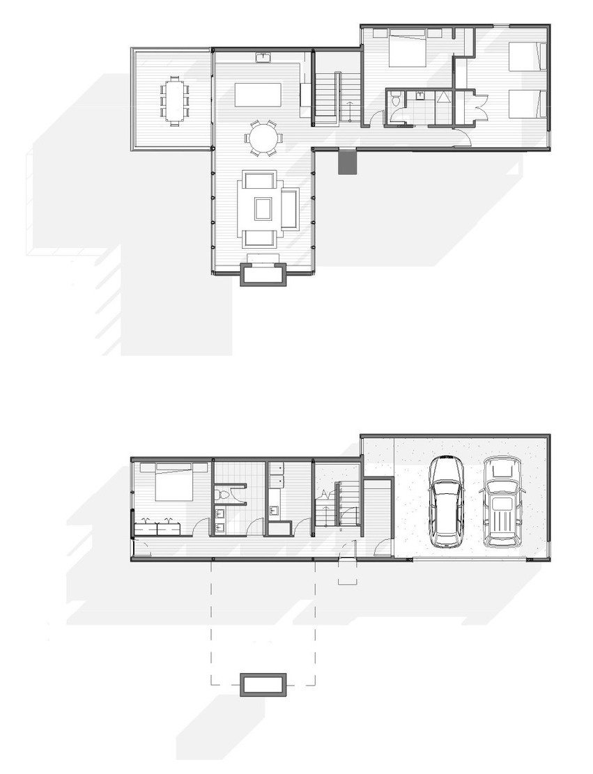 Architectural drawings of a modern waterfront home.