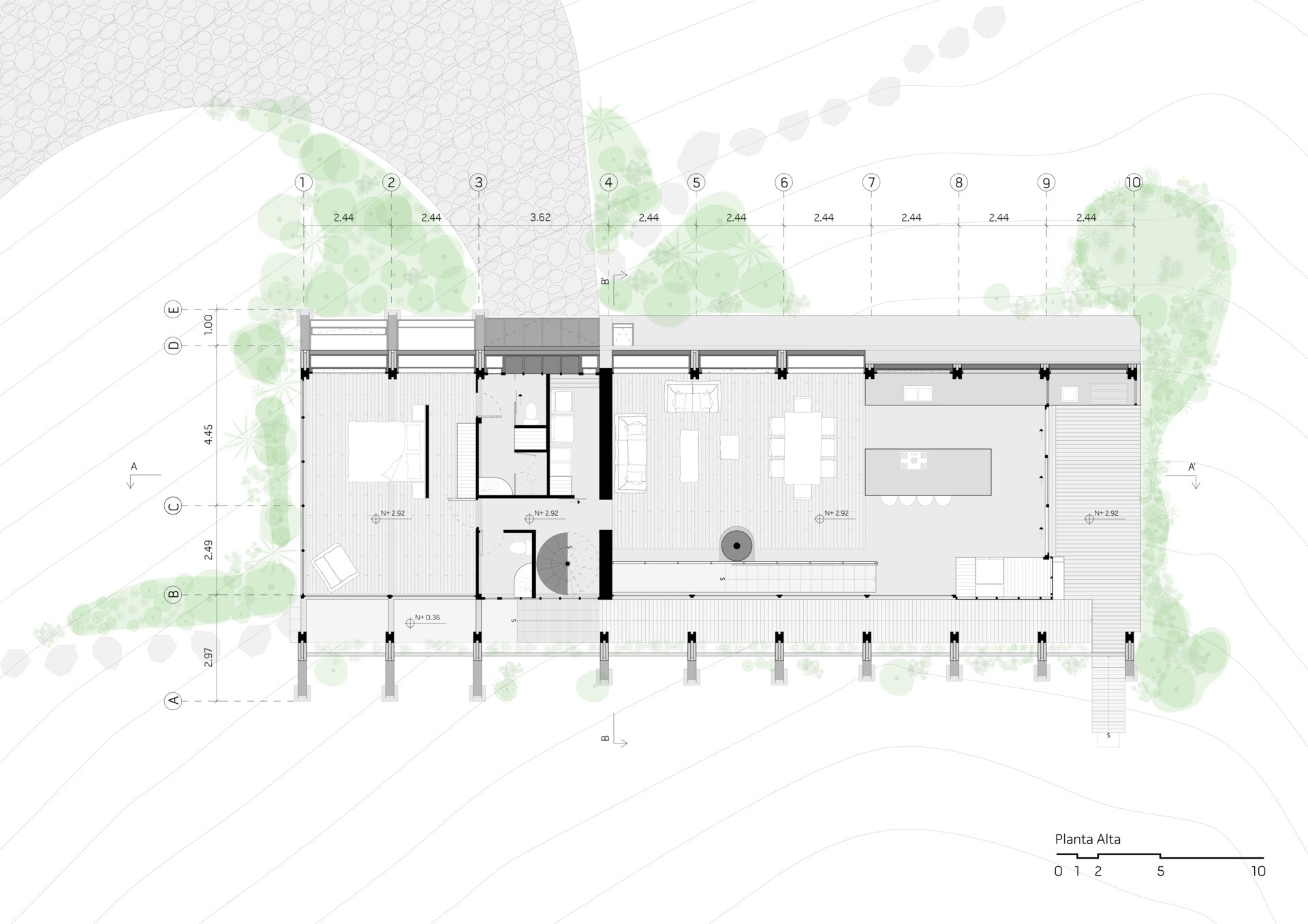 Floor plans reveal how the ribs, slope, and loft shape the entire structure of this modern home.
