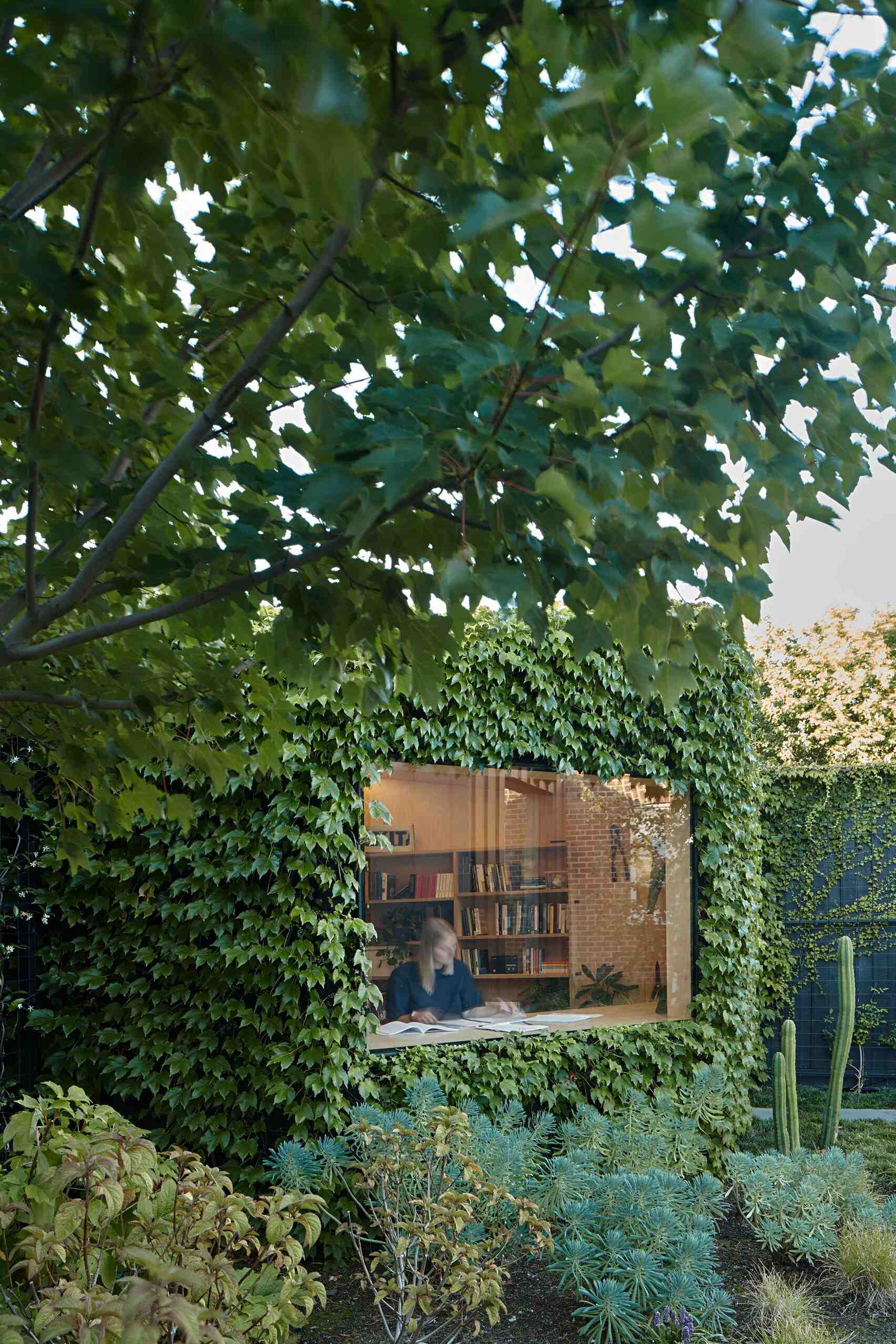 This ivy covered backyard cabin in Melbourne is a compact, peaceful workspace for creative writing. Blending seamlessly into a leafy garden, it features a plywood interior, large picture window, skylight, and sustainable design elements, offering an inspiring retreat just steps from home.