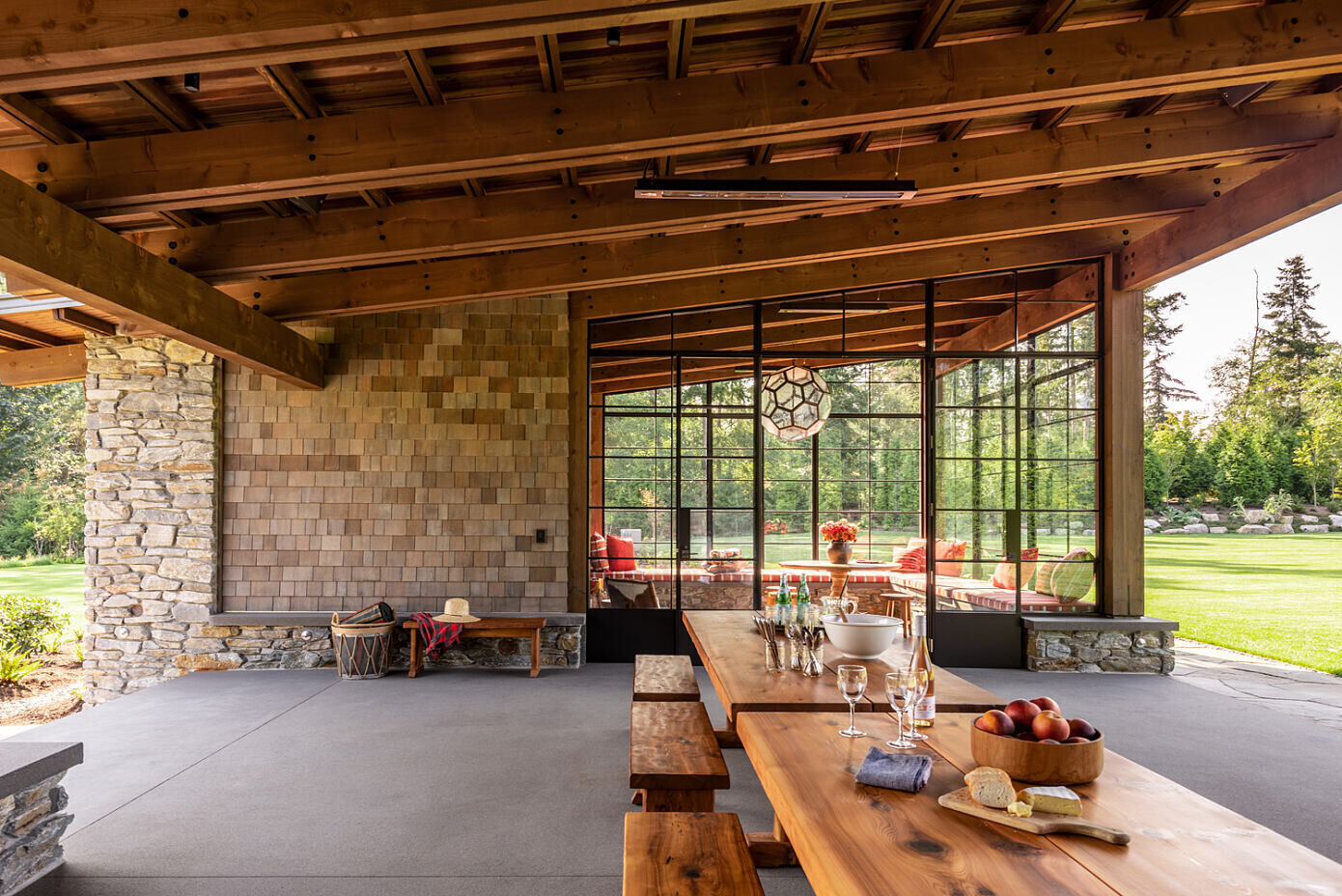 Douglas fir, cedar, Vancouver Island stone and steel casement windows come together in a fieldhouse that celebrates regional materials and meticulous craftsmanship.