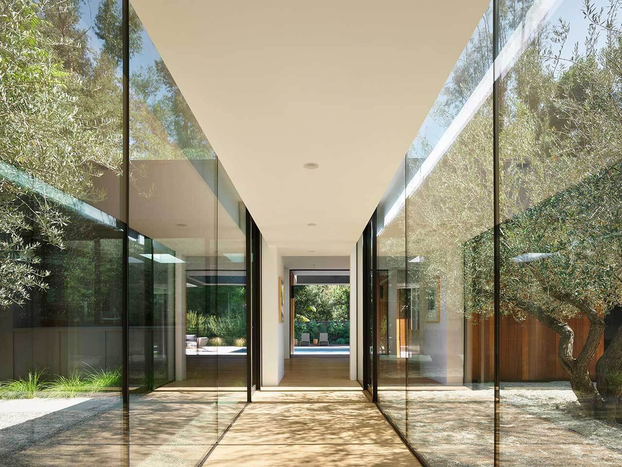 Una mirada más cercana a uno de los pasillos de cristal revela cómo los pabellones se comunican entre sí. Estos conectores transparentes enmarcan las vistas de las plantas y el cielo, haciendo de la transición una experiencia en sí misma.