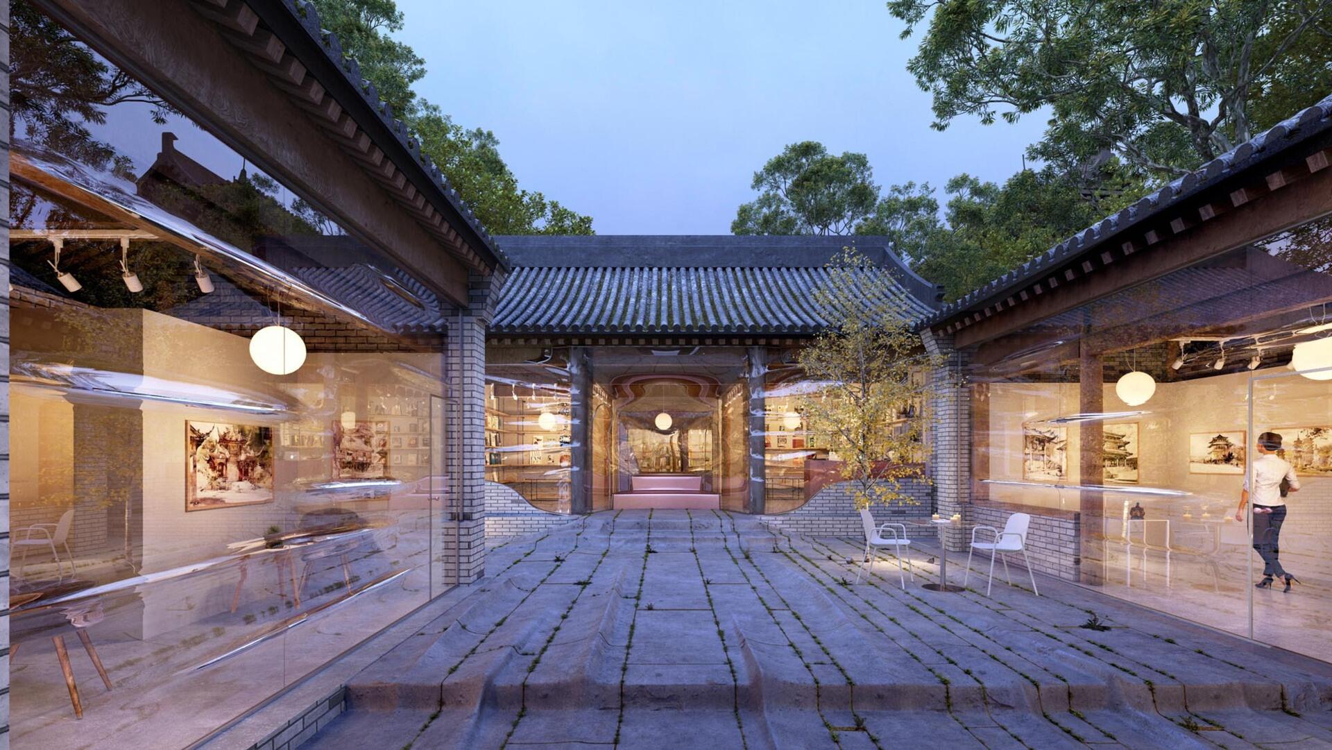 A historic hutong wrapped in a transparent glass skin that preserves the original building while introducing a contemporary architectural layer.