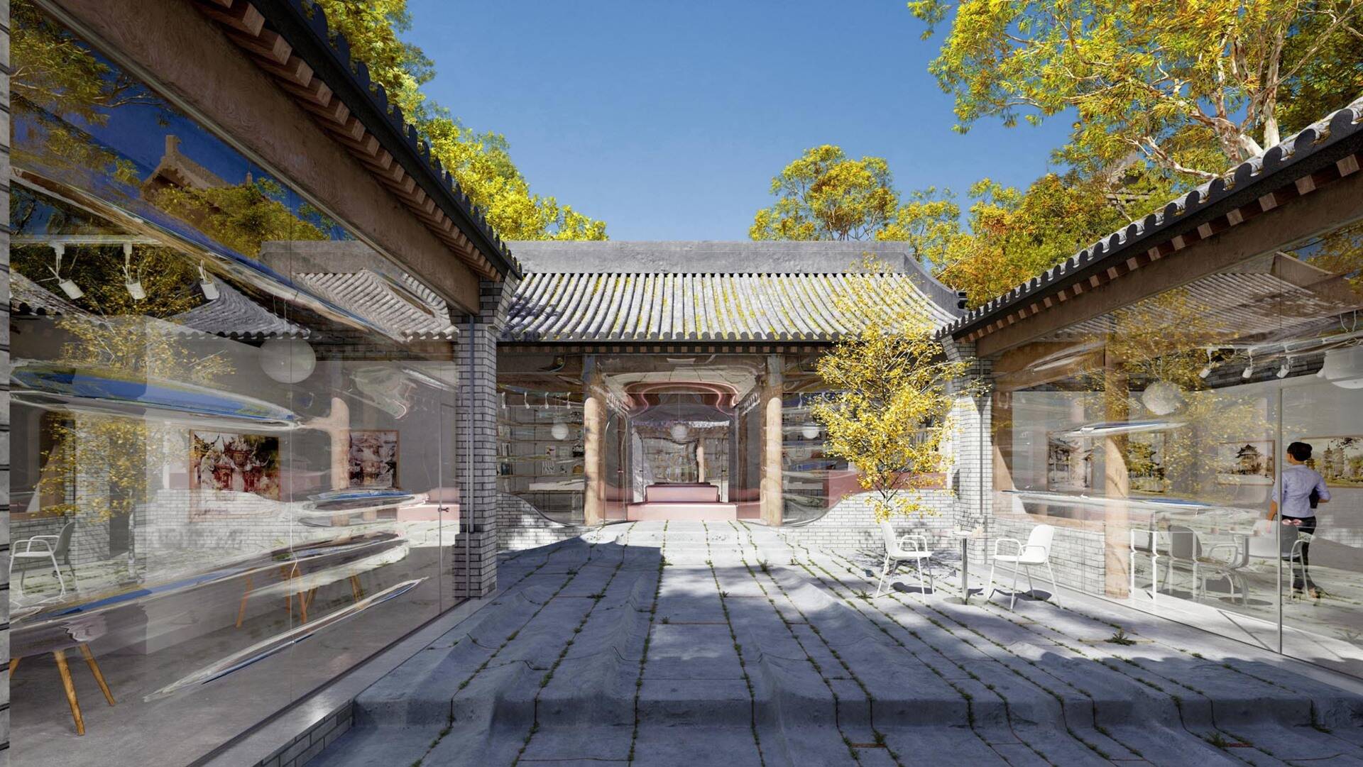 A historic hutong wrapped in a transparent glass skin that preserves the original building while introducing a contemporary architectural layer.