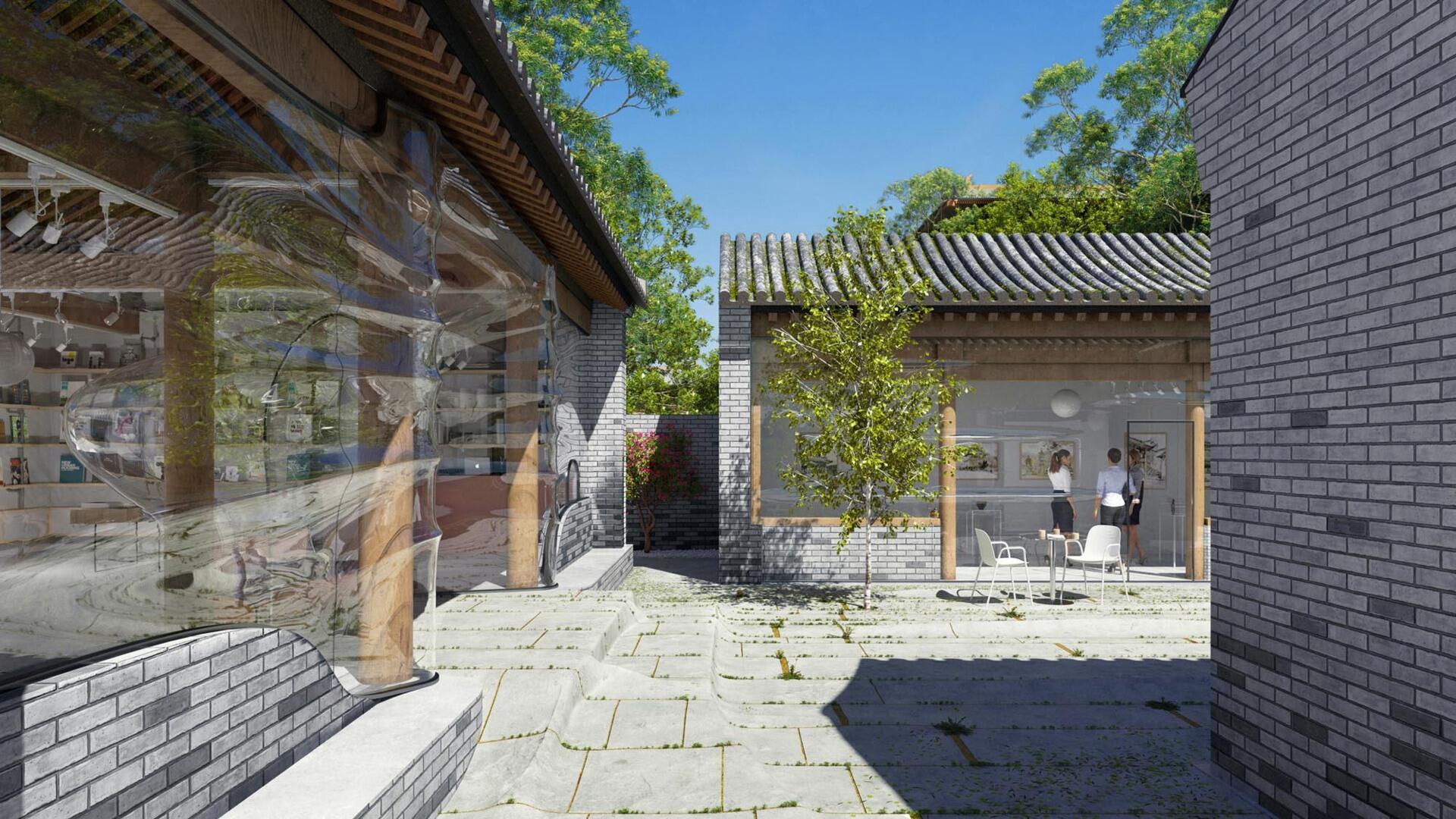 Wrinkled glass surfaces catch and distort light, creating blurred reflections across a modern hutong courtyard.