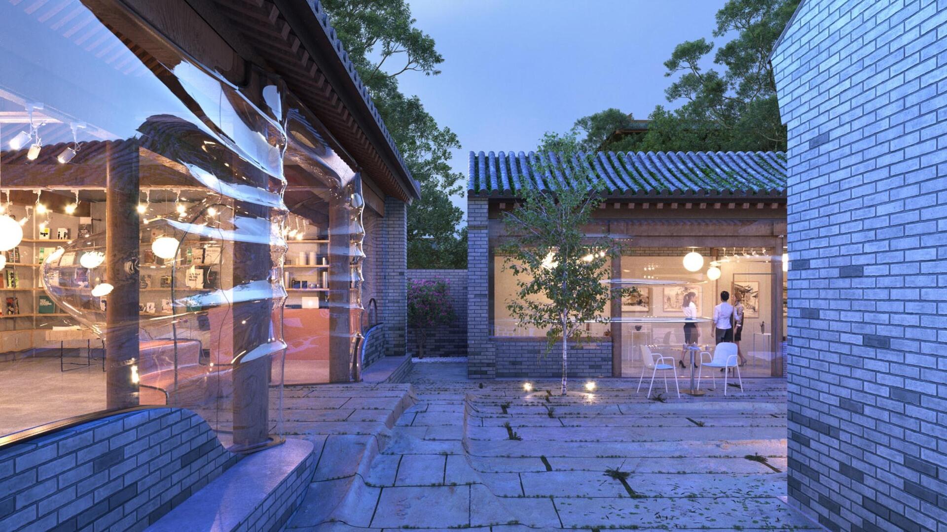 Wrinkled glass surfaces catch and distort light, creating blurred reflections across a modern hutong courtyard.