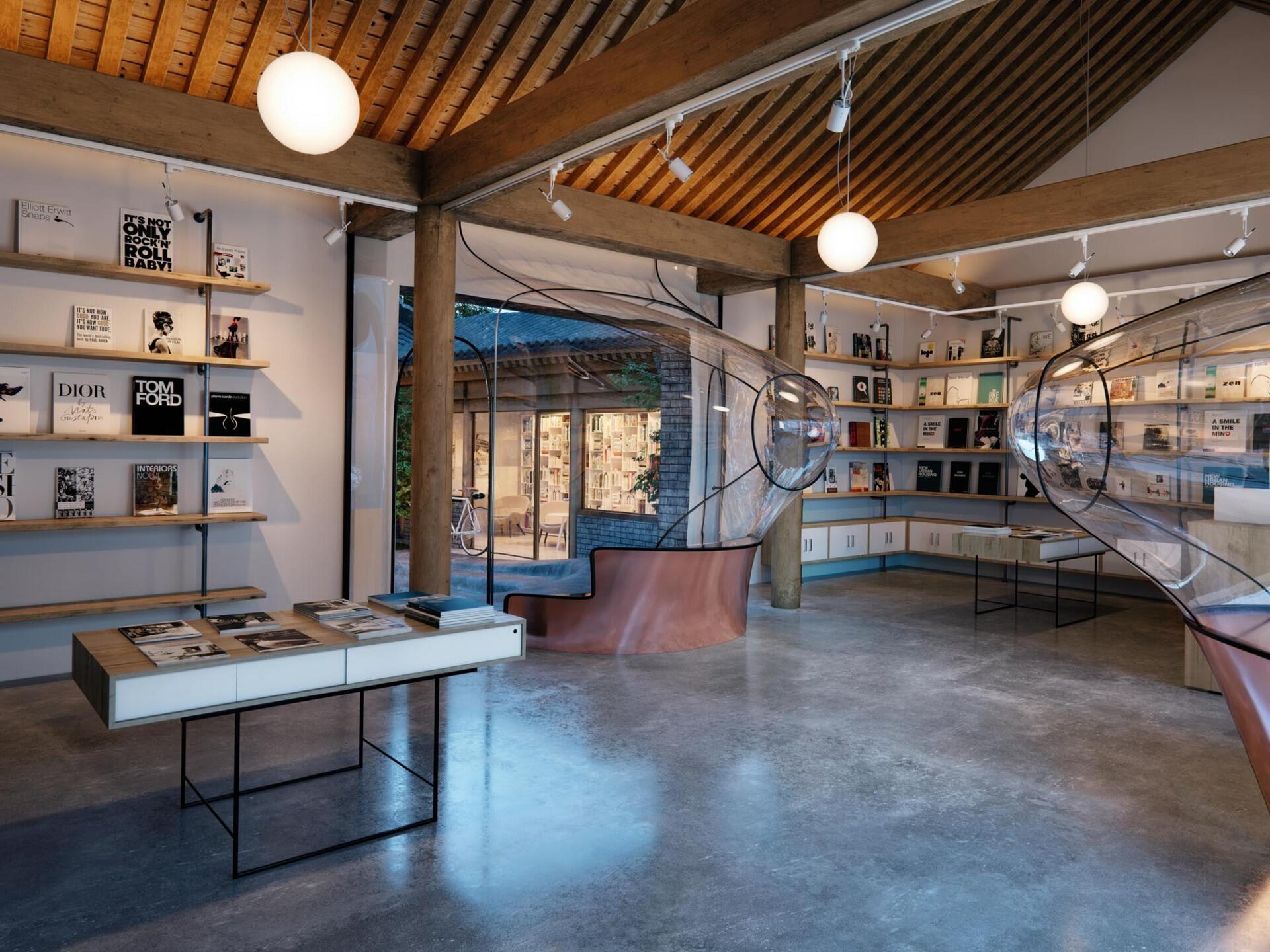 Interior view of a hutong retail space where sculptural glass divides reception and reading areas while framing blurred courtyard views.