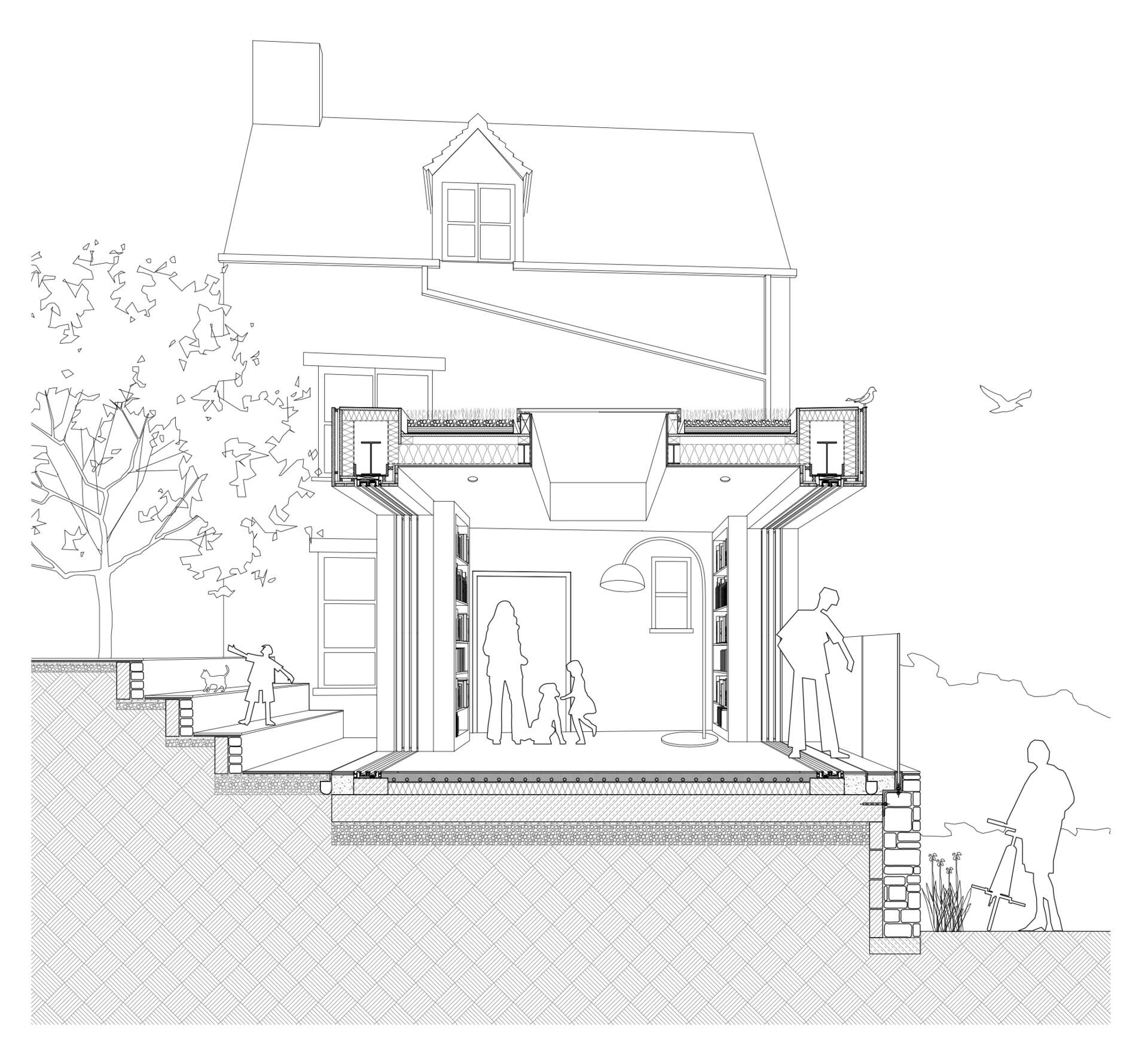 Los dibujos arquitectónicos revelan cómo se integró la sala de lectura en la cabaña del siglo XVII, mostrando paredes de vidrio que desaparecen, estanterías de madera y techos voladizos.