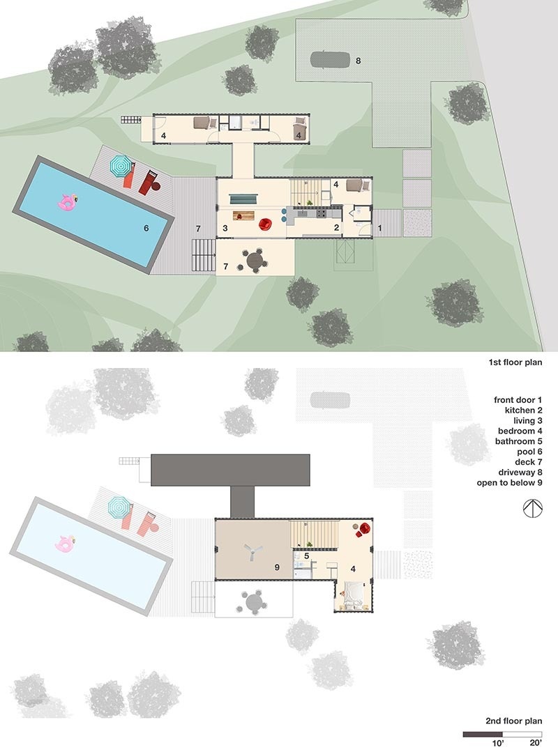 The floor plan reveals how stacked and separated containers create four bedrooms, shared living areas, and connected outdoor zones, all within a streamlined modular structure.