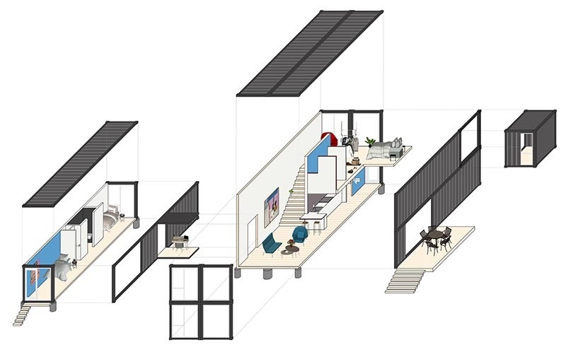 The floor plan reveals how stacked and separated containers create four bedrooms, shared living areas, and connected outdoor zones, all within a streamlined modular structure.