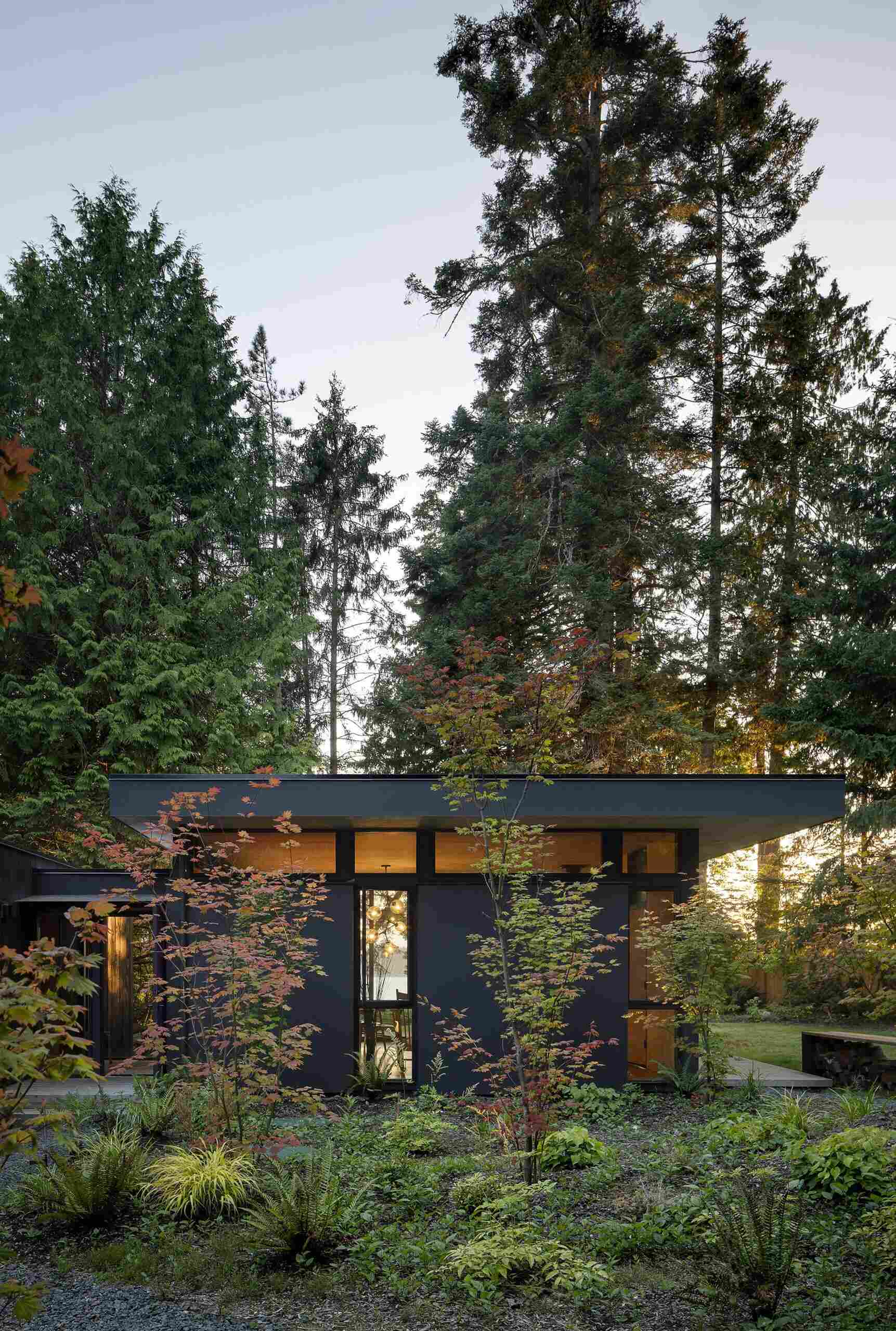 A hidden cluster of modern cabins tucked into the forest above Washington’s Hood Canal, designed to blend into the landscape and celebrate outdoor living.