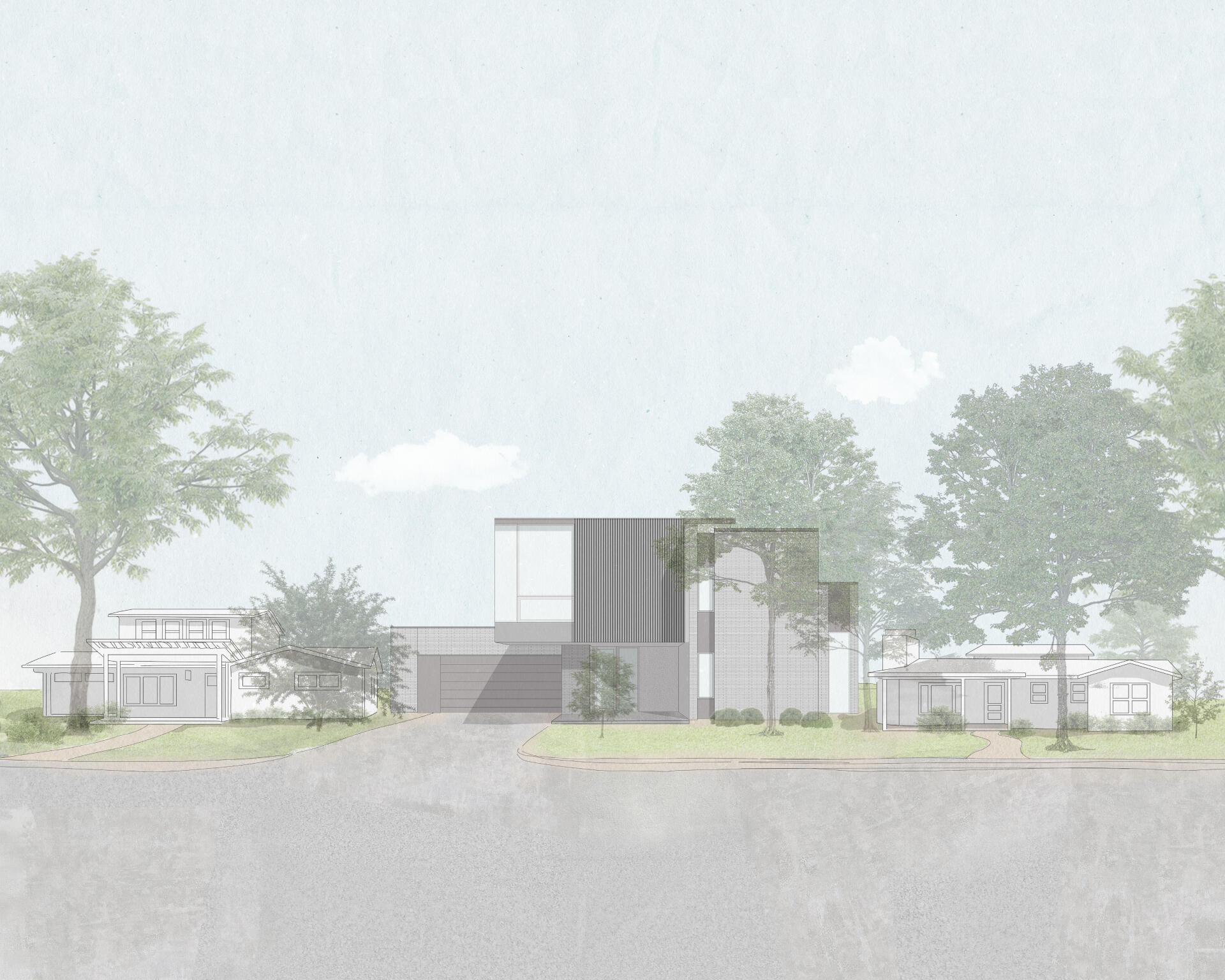 The drawings illustrate how the home is positioned on its lot and how its interior layout responds to that placement.