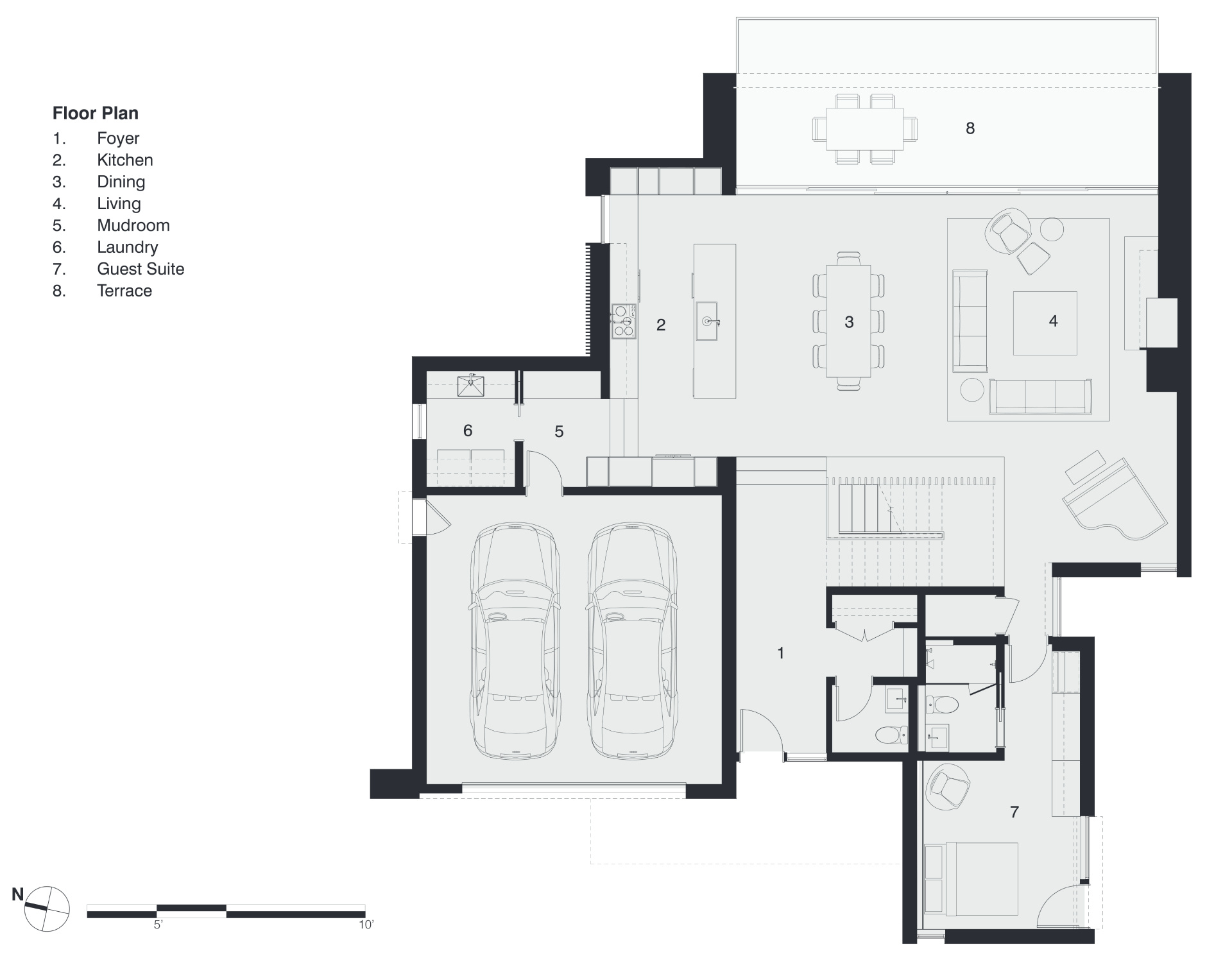The drawings illustrate how the home is positioned on its lot and how its interior layout responds to that placement.