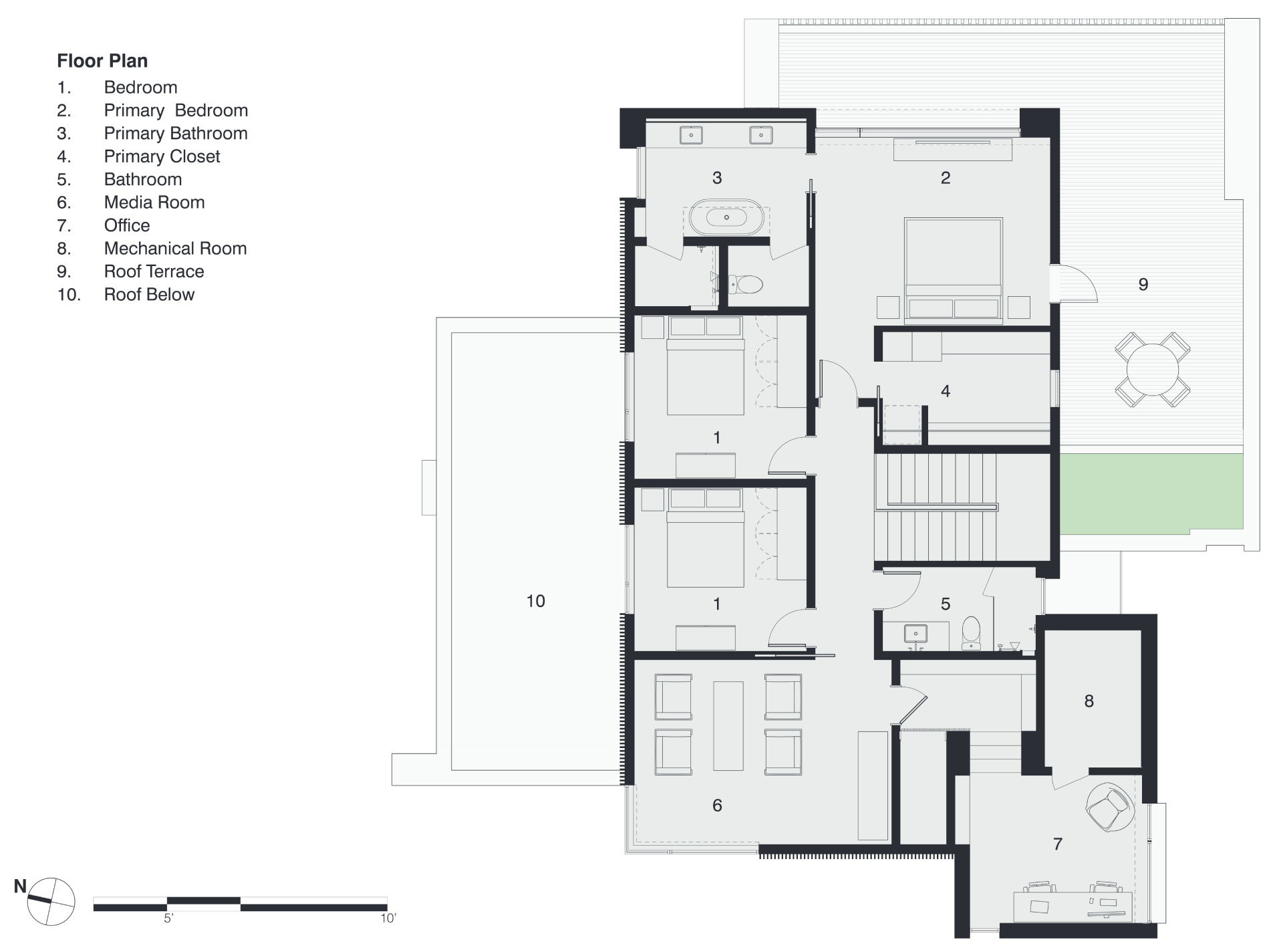 The drawings illustrate how the home is positioned on its lot and how its interior layout responds to that placement.