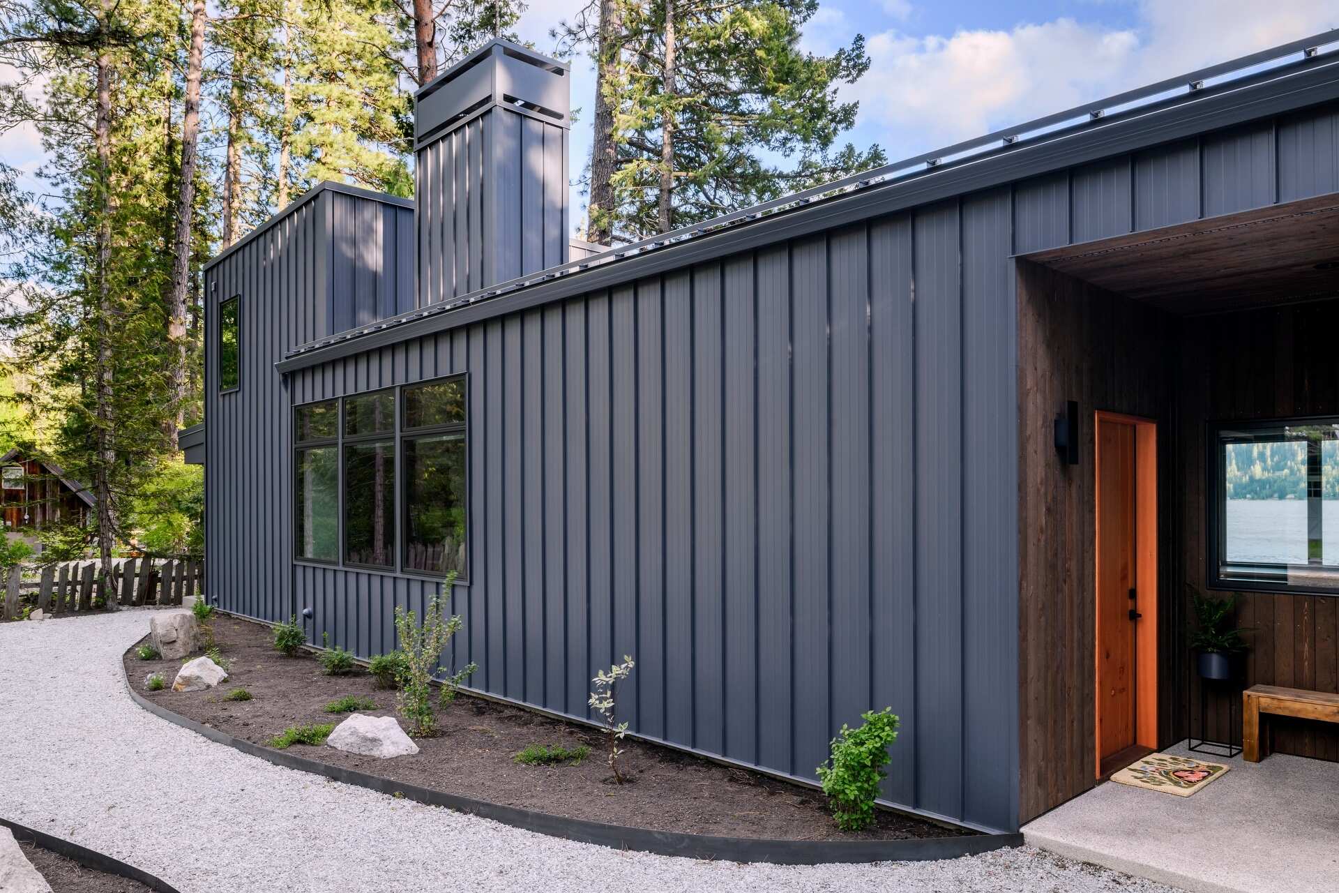 A modern home with a dark exterior.