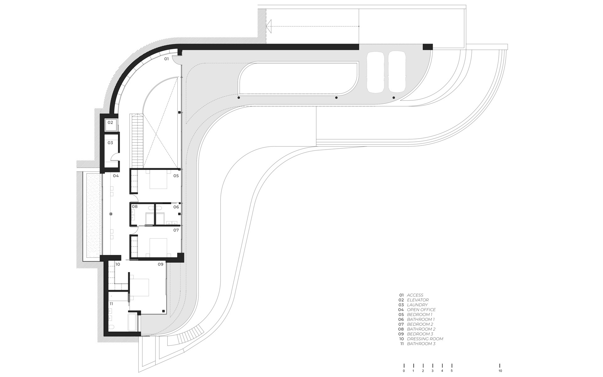 Dibujo arquitectónico de una casa moderna en la ladera de una colina.