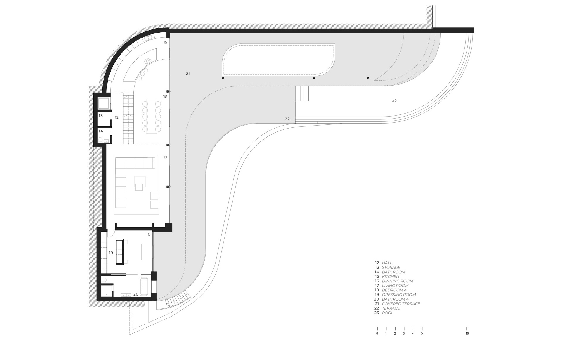Dibujo arquitectónico de una casa moderna en la ladera de una colina.