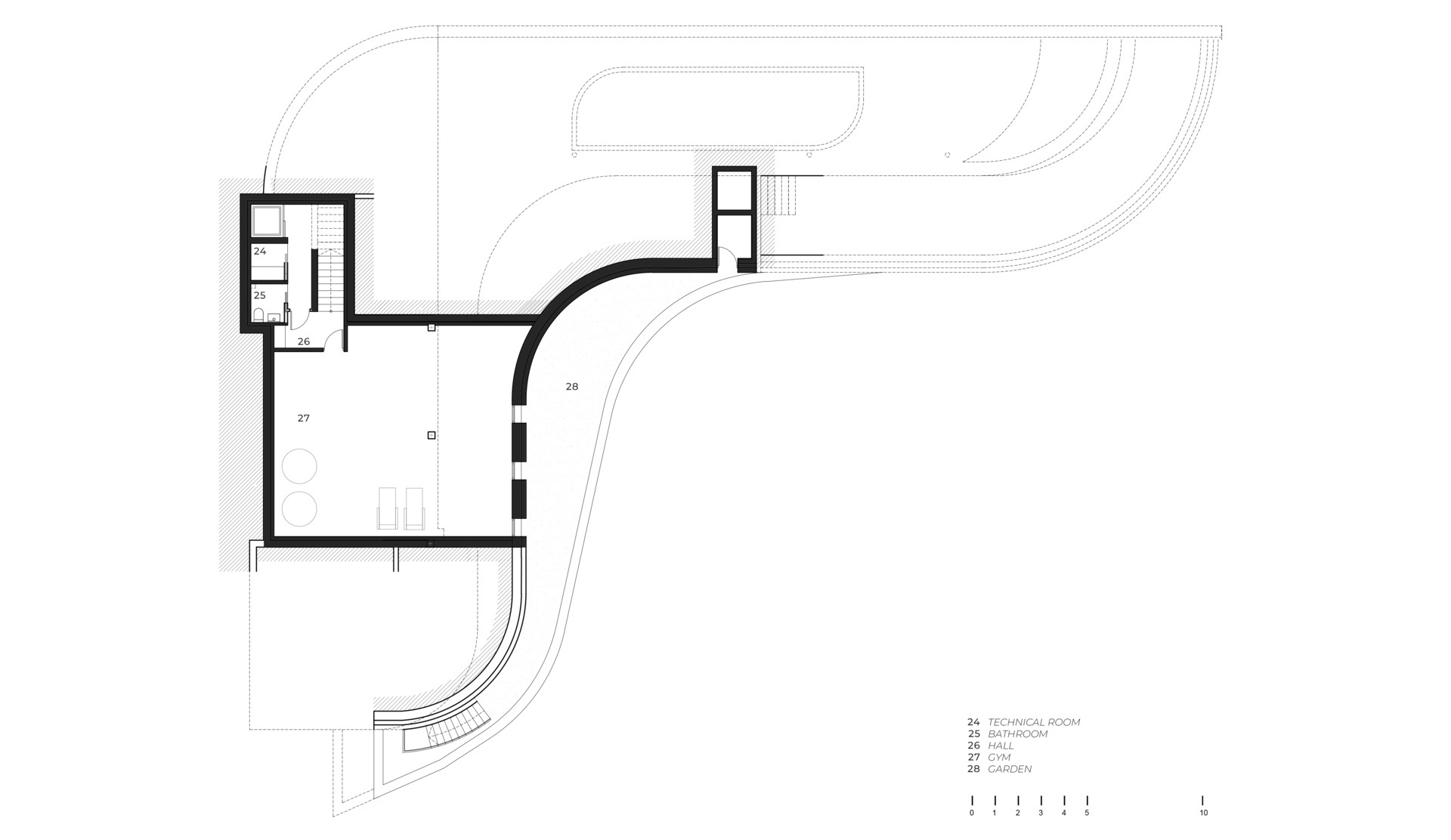Dibujo arquitectónico de una casa moderna en la ladera de una colina.