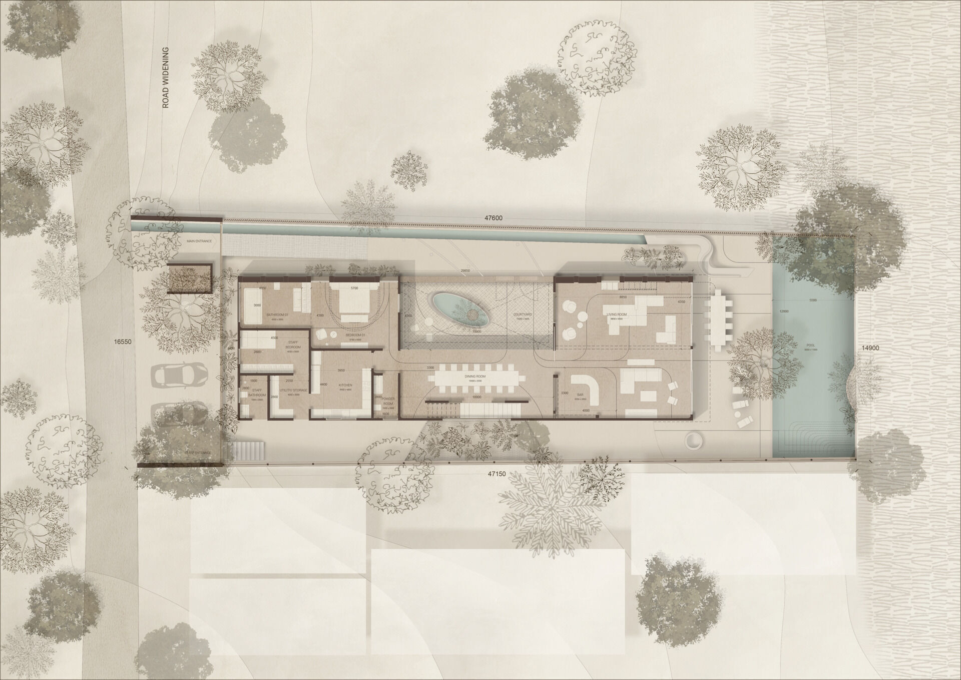 Architectural drawings reveal a courtyard-centred layout anchored by a linear water spine, showing how arches and transitional spaces organise the entire home.