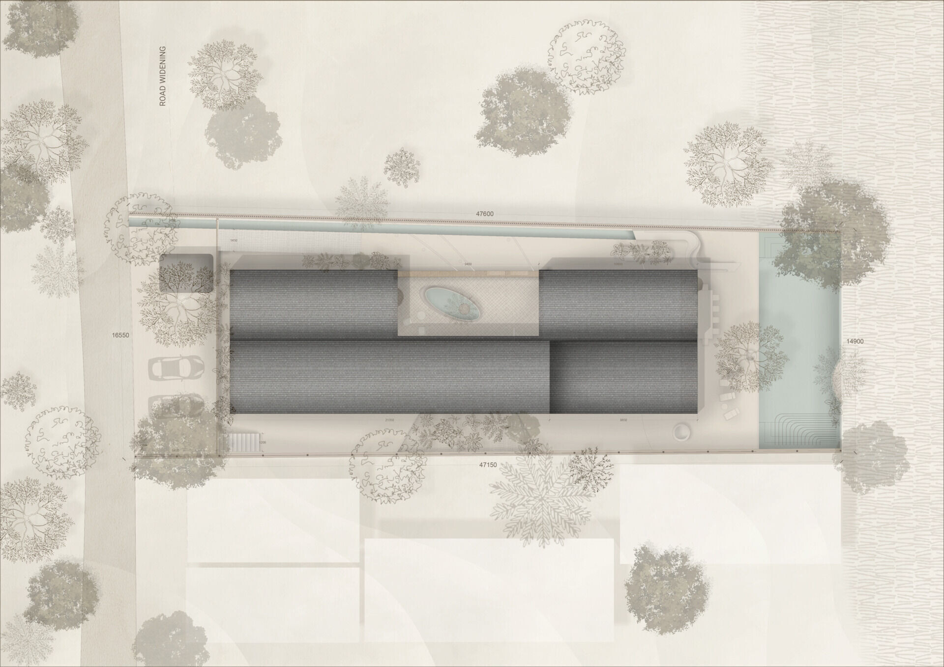 Architectural drawings reveal a courtyard-centred layout anchored by a linear water spine, showing how arches and transitional spaces organise the entire home.